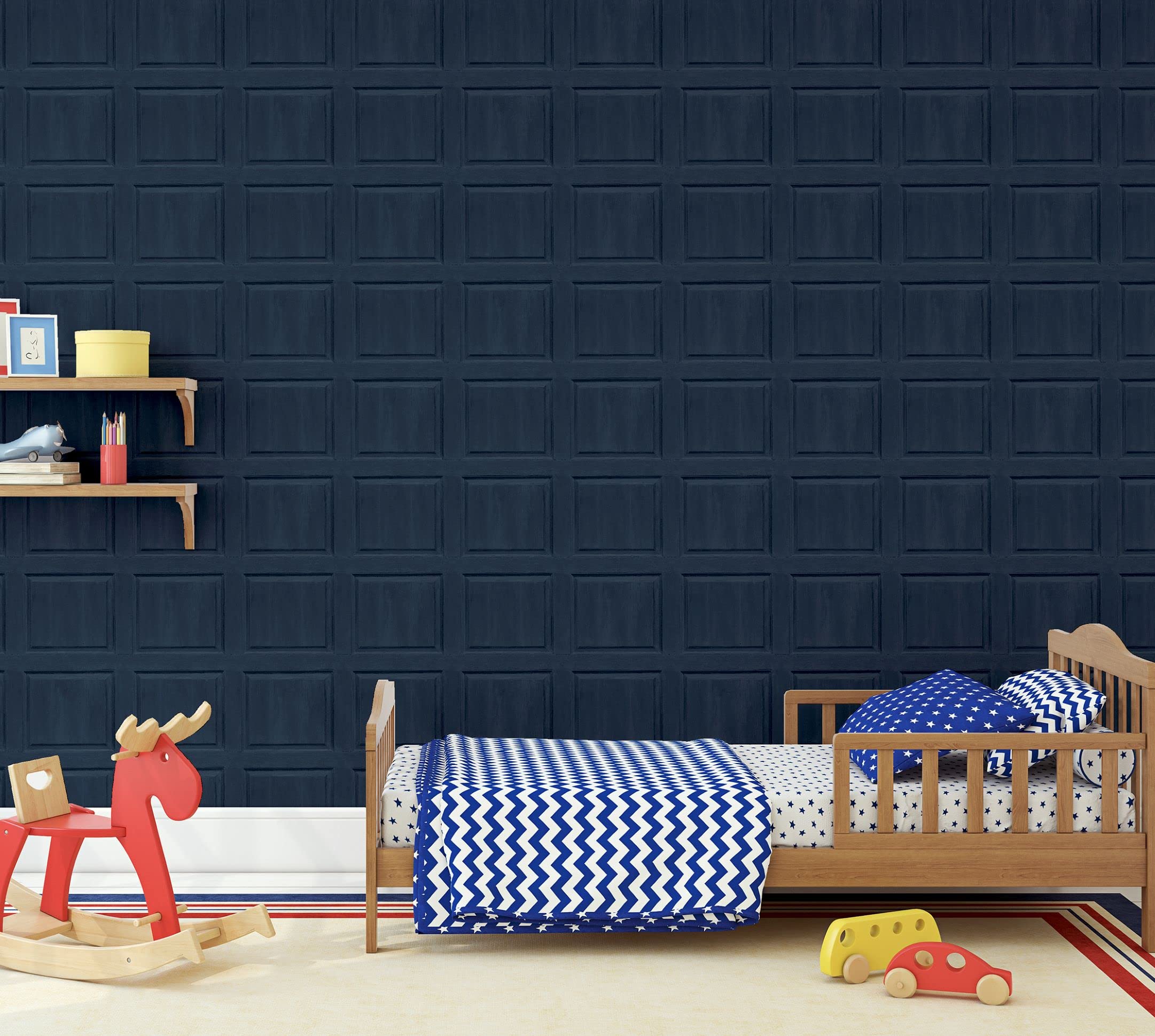 Arthouse Navy Blue Washed Panel Wallpaper Faux Paneling Effect