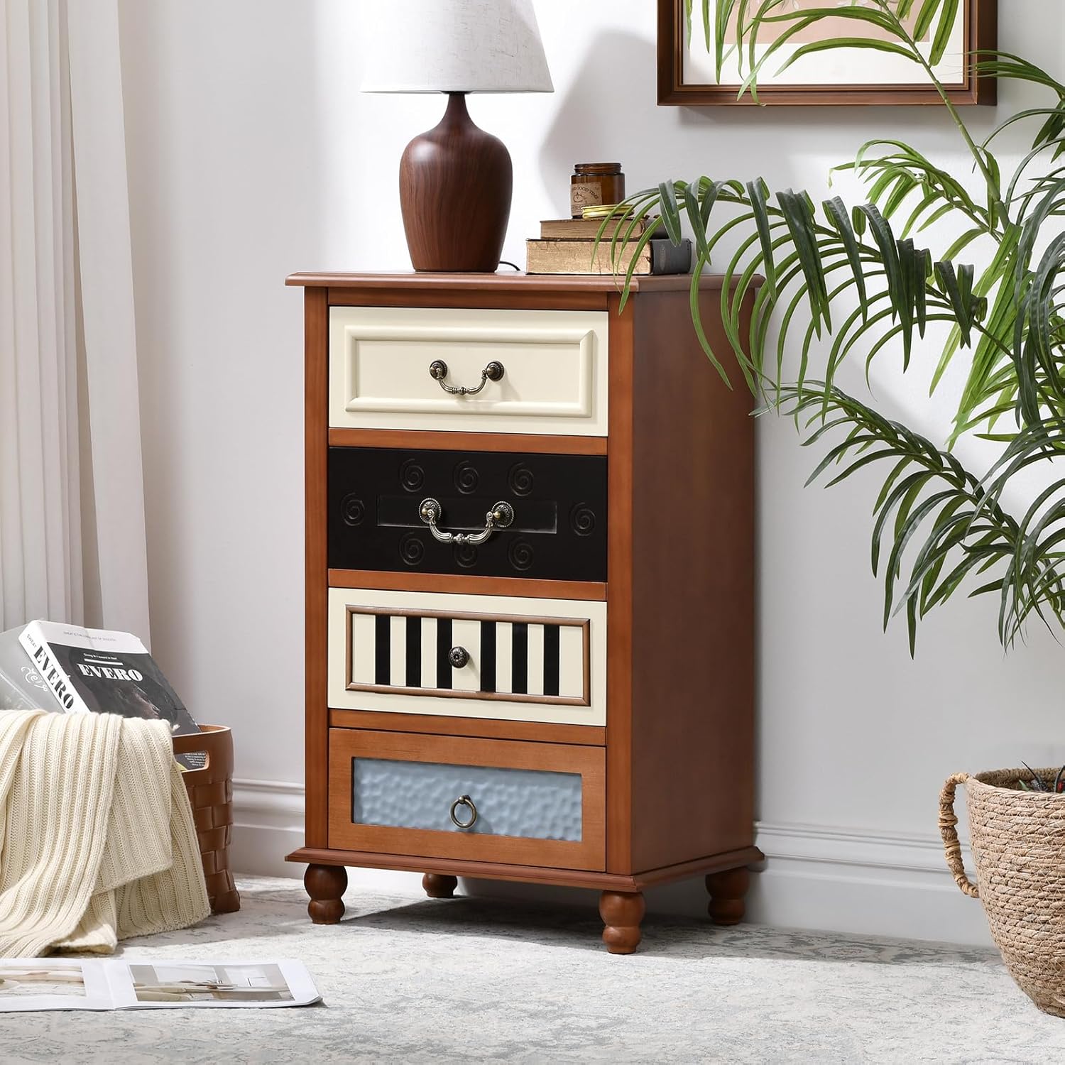 Ahokua Vintage Accent Cabinet with Multi-Color Drawer Design, Slim Storage Chest with 4 Drawers, Decorative Nightstand for Entryway or Living Room