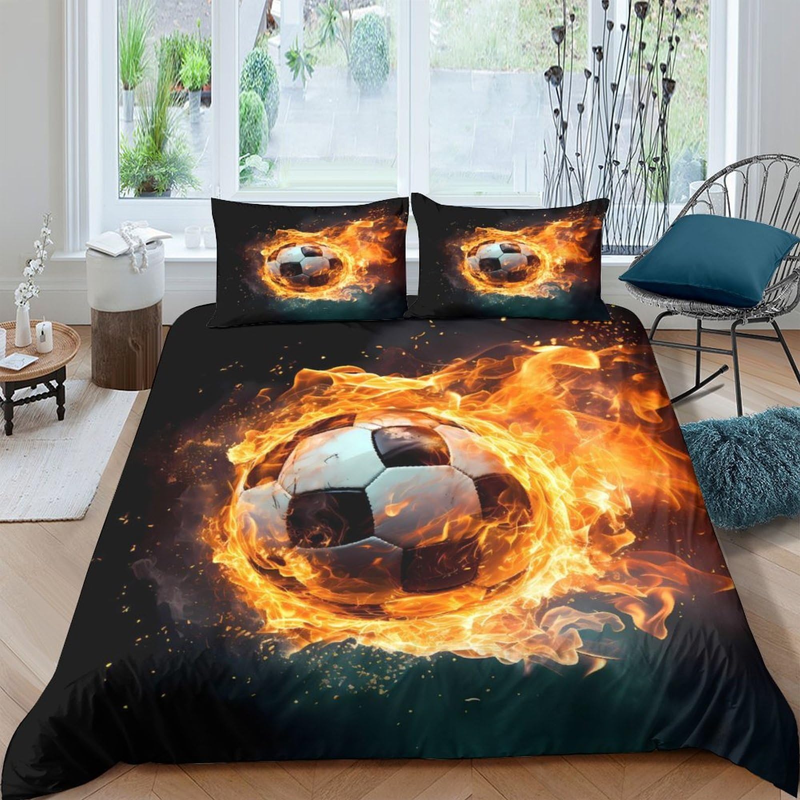 Ctjqhvkz Style-5 3D Printed Flaming Soccer Fitted Sheet Microfiber Soft Black Orange Fire Bed Cover For Bedroom Guest Room Dorm Decor Single（135X200cm）