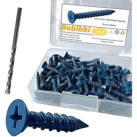 Bobibbi 1/4 x 1-1/4" Flat Head Concrete Screw Anchor, for Anchoring to Masonry, Block or Brick (100Pcs)