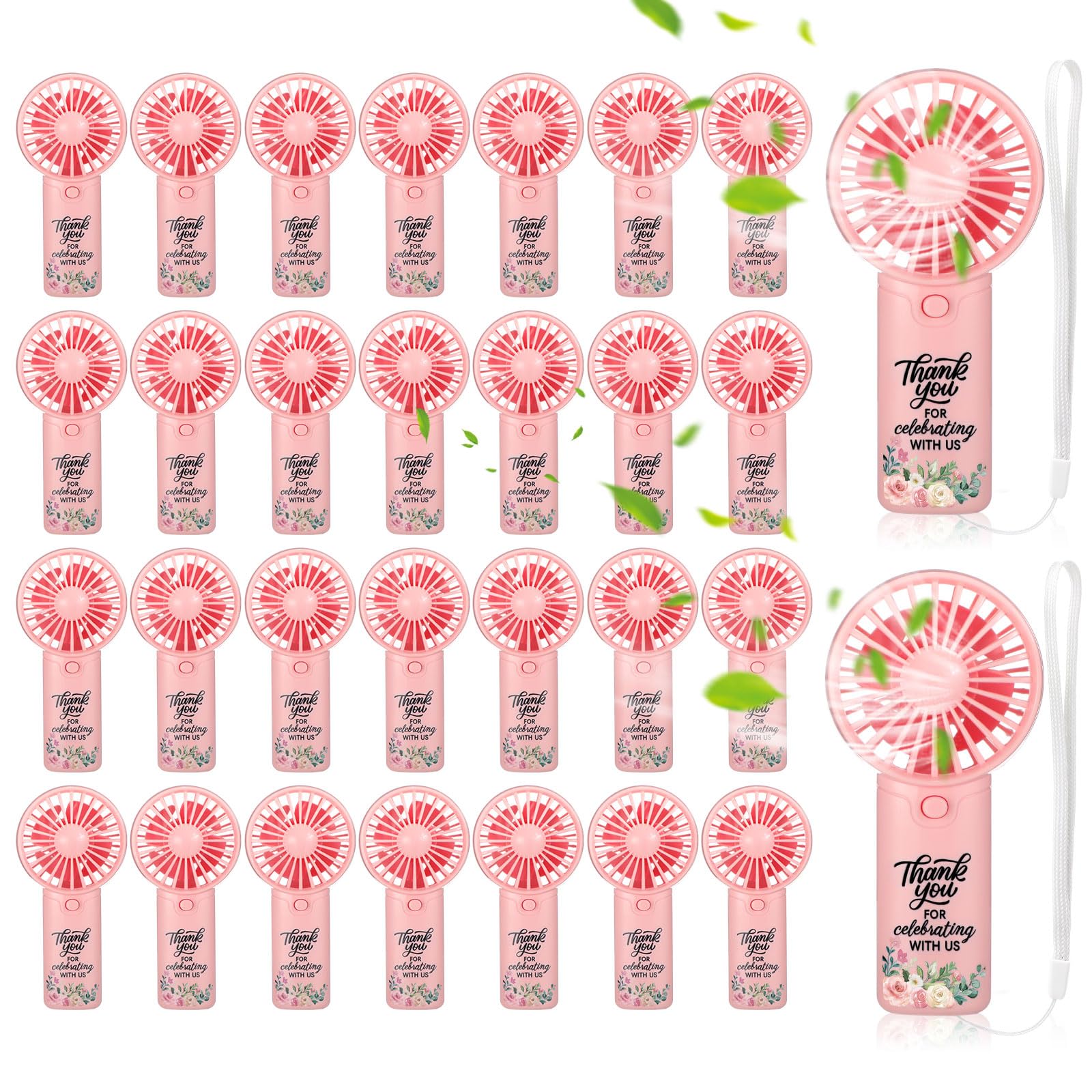Mini éventail portable rose lot de 30 avec cordon pour ventilateur de poche mariage