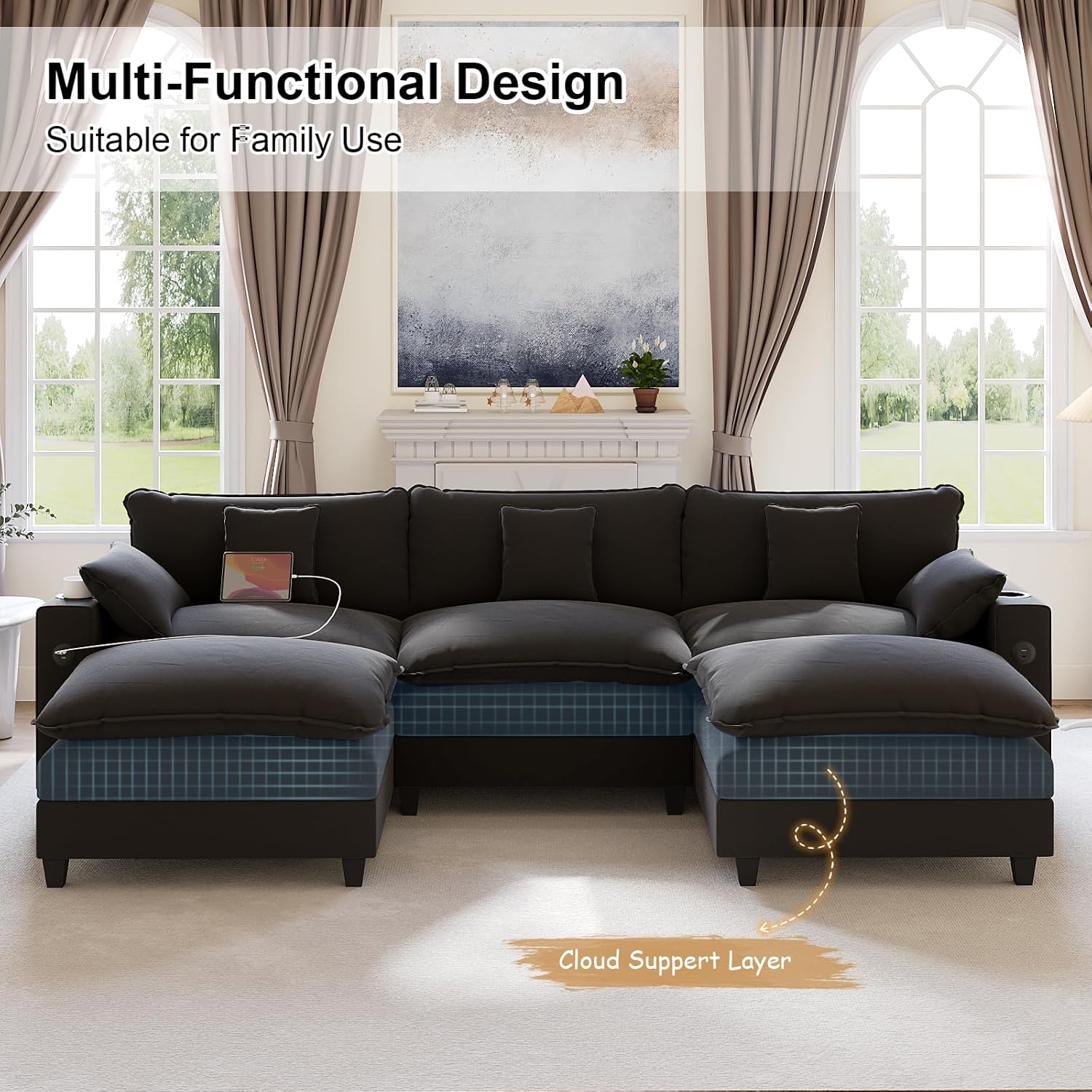 116" Modular Sectional Sofa, U Shaped Cloud Couch with Movable Ottoman, Chenille Deep Seat Cloud Sofa with Charging Station, Cup Holder, Side Pocket, Sectional Couches for Living Room, Black