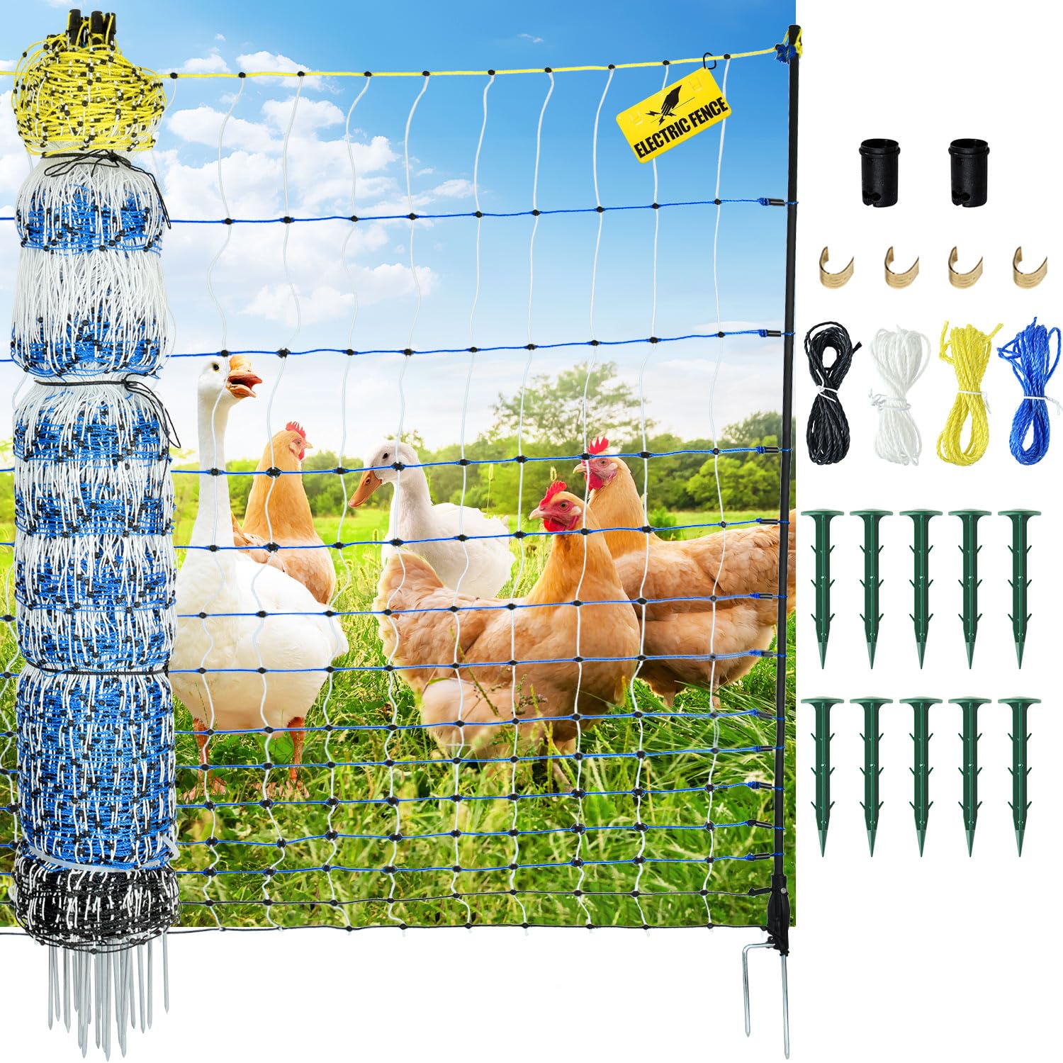 electric poultry netting, 47.2" h x 164'l electric chicken fence, portable chicken fence with double spiked fiberglass posts for chickens, ducks,turkeys, sheep, geese in yard, farms,backyards, garden