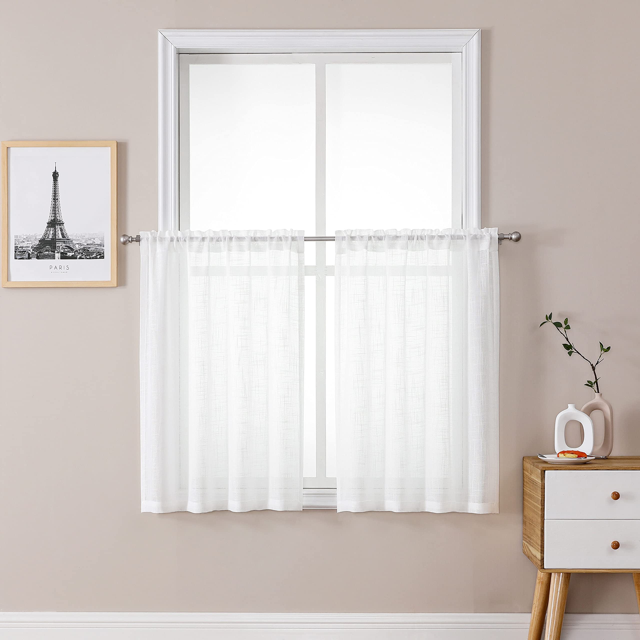 MOLLVEL White Semi Sheer Kitchen Curtains 36 Inch Length Boho Short Curtain 2 Panel Sets for Farmhouse Bedroom Small Windows(White, W34 X L36)