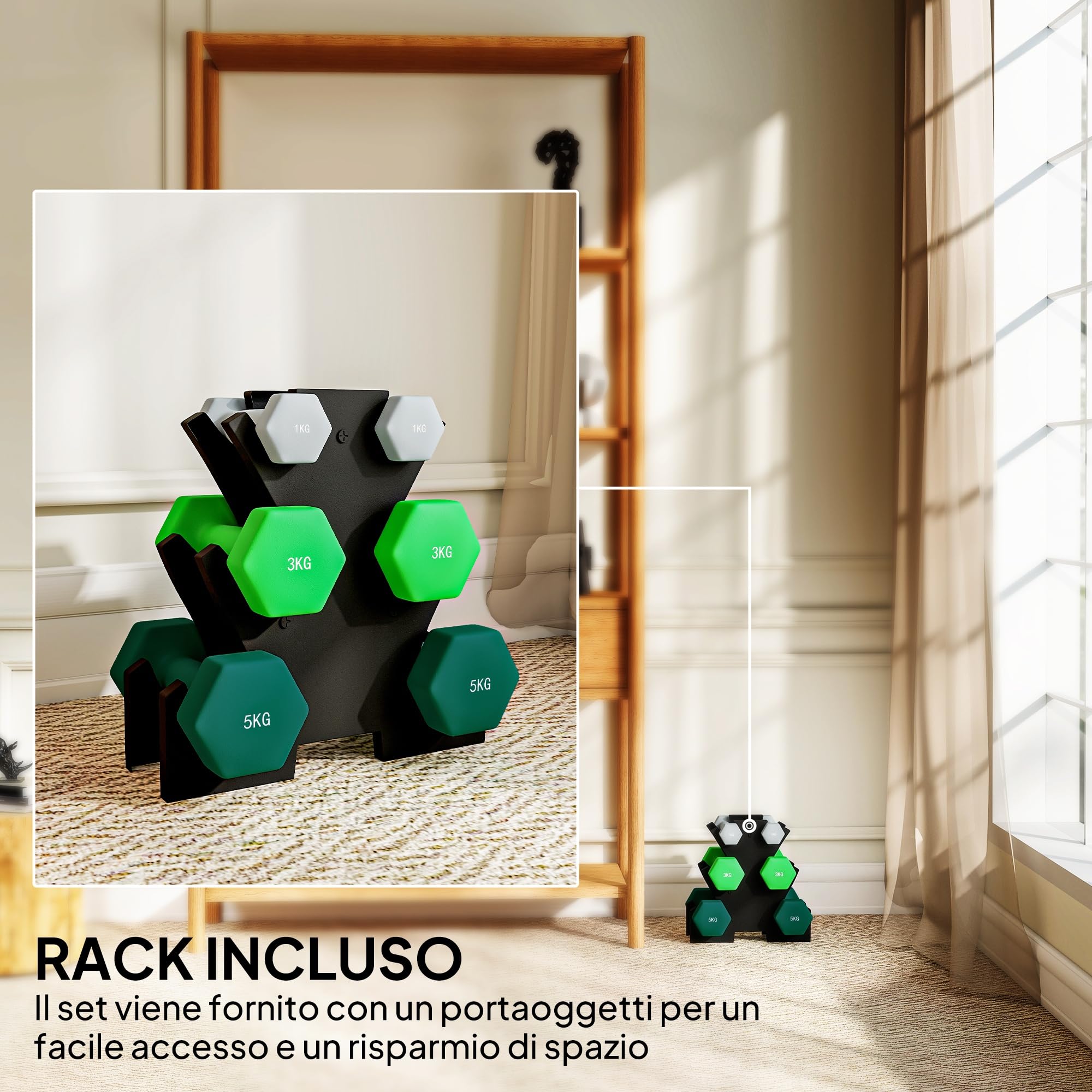 SPORTNOW Set di Manubri da Palestra con Supporto, 2x1 kg, 2x2/5 kg, 2x3 kg, Manubri per Palestra Esagonali in Metallo con Impugnatura, Allenamento Fitness Casa