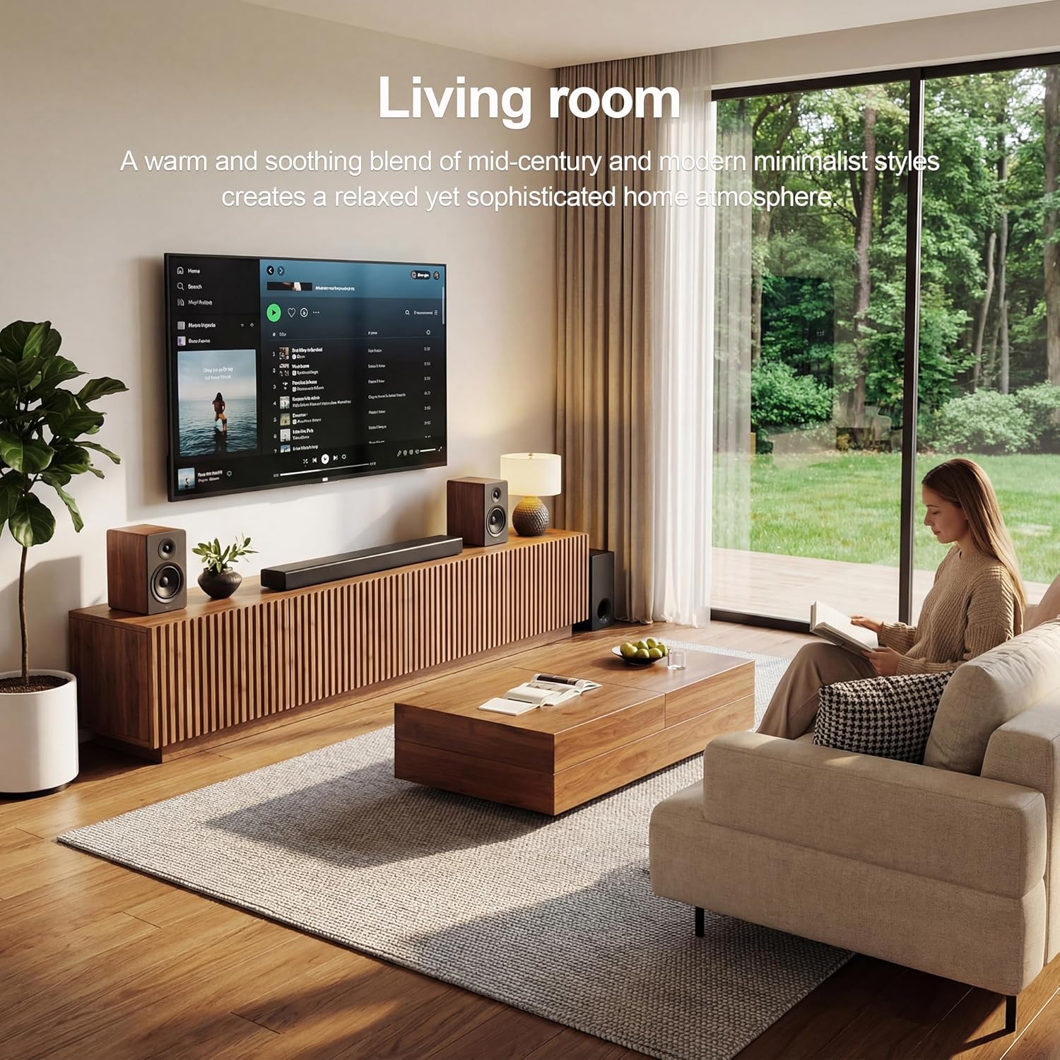 86.61" Modern Grille-Door TV Stand with 4 Hidden Storage Compartments, Large Capacity Media Console for Living Room, MDF Construction, Sturdy Load-Bearing Structure