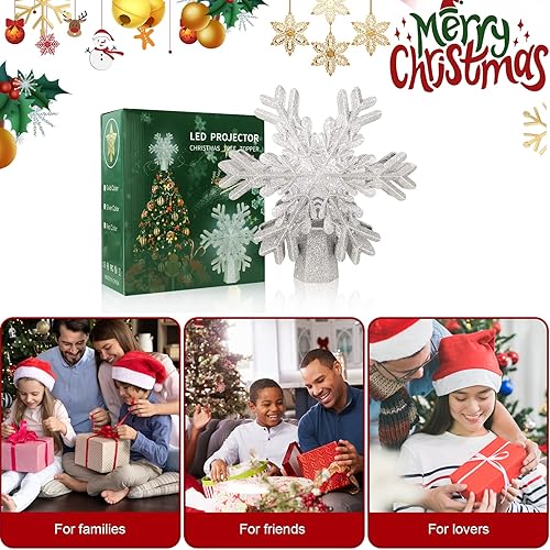 Miniatura 5 de Decoración para árbol de Navidad con diseño de copo de nieve iluminado con proyector LED giratorio integrado con purpurina en forma de copo de nieve