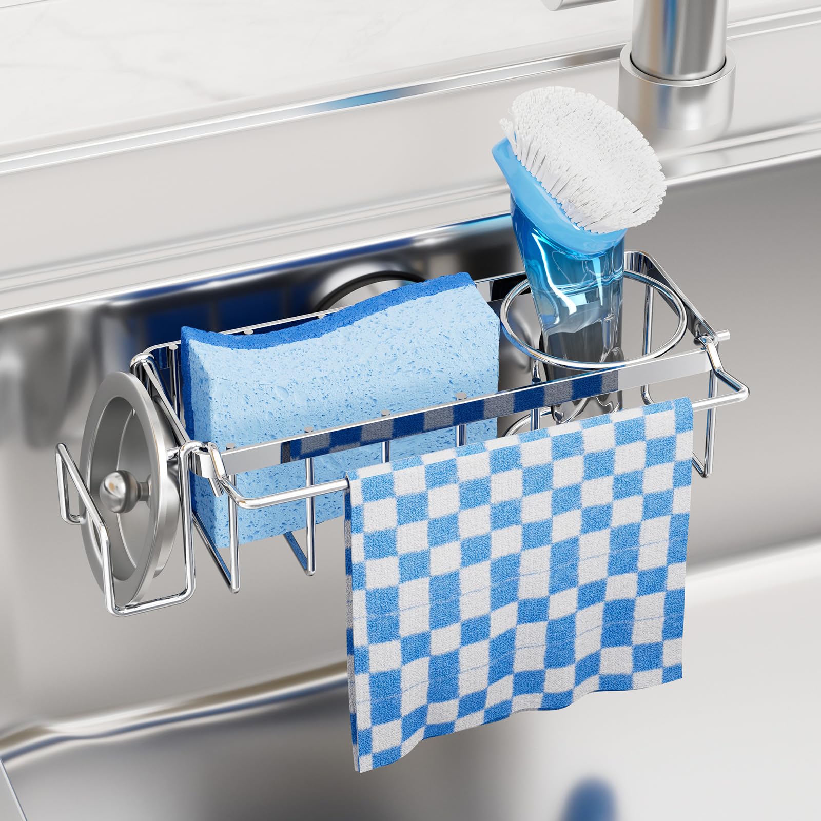 Photo 1 of TAILI 4-in-1 Sink Caddy with Strong Suction Cup, Sponge Holder for Kitchen Sink Organizer, Removable, Rustproof, Stainless Steel Holder for Sponge, Brush, Scrubber, Scraper - Silver