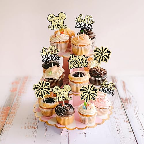 Miniatura 4 de 24 piezas de decoración para cupcakes de Feliz Año Nuevo 2024 con purpurina de bienvenida 2024 Hello 2024 fuegos artificiales, mouse, decoración