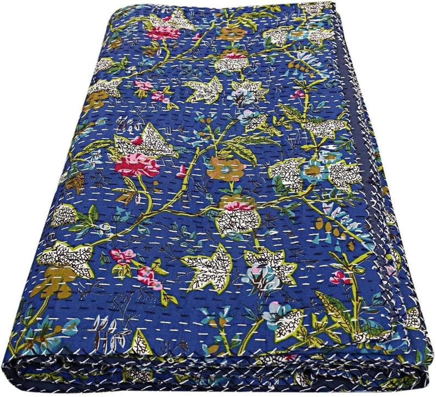 Handmade Indian Cotton Kantha Quilt, Floral Paradise Print, Boho Bedspread Throw Blanket, Traditional Jaipuri Style (Blue, Single Size 90×60 Inch)