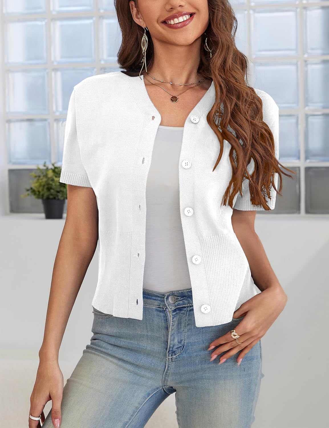 VOIANLIMO Women's Sweater Cropped Knit Long Sleeve Cardigan Lightweight Bolero Short Shrugs V-Neck Button up Tops - Image 3