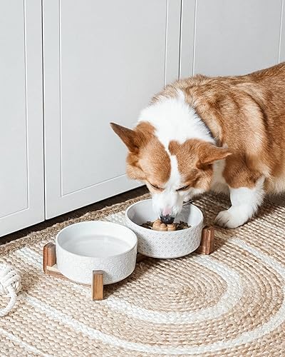 Miniatura 2 de Cuencos de cerámica para perros pequeños y medianos, juego de 3 tazas de cuencos dobles para alimentos y agua con soporte de madera de acacia,