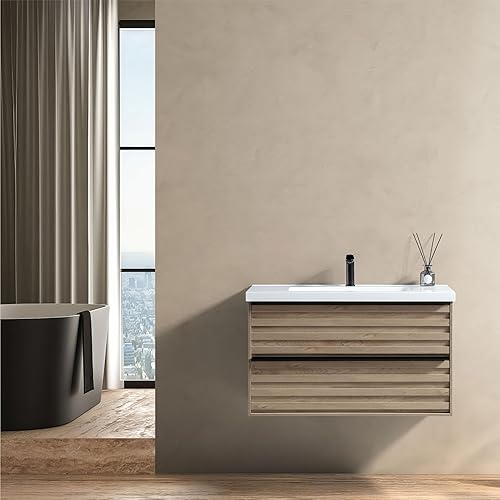 Miniatura 2 de JINDOLI Tocador de baño de 36 pulgadas con fregadero, moderno tocador de baño con 2 cajones extra grandes, juego de gabinetes de baño flotantes