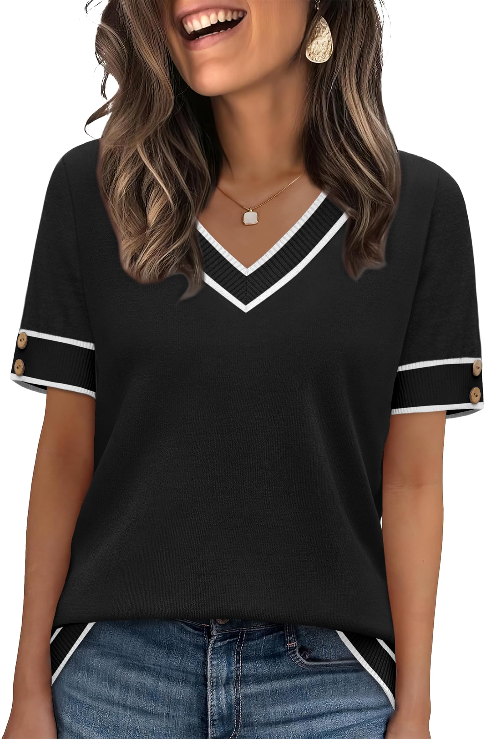 WIHOLL Womens Short Sleeve Sweaters Lightweight Knit Tops Summer Shirts with Buttons Trendy