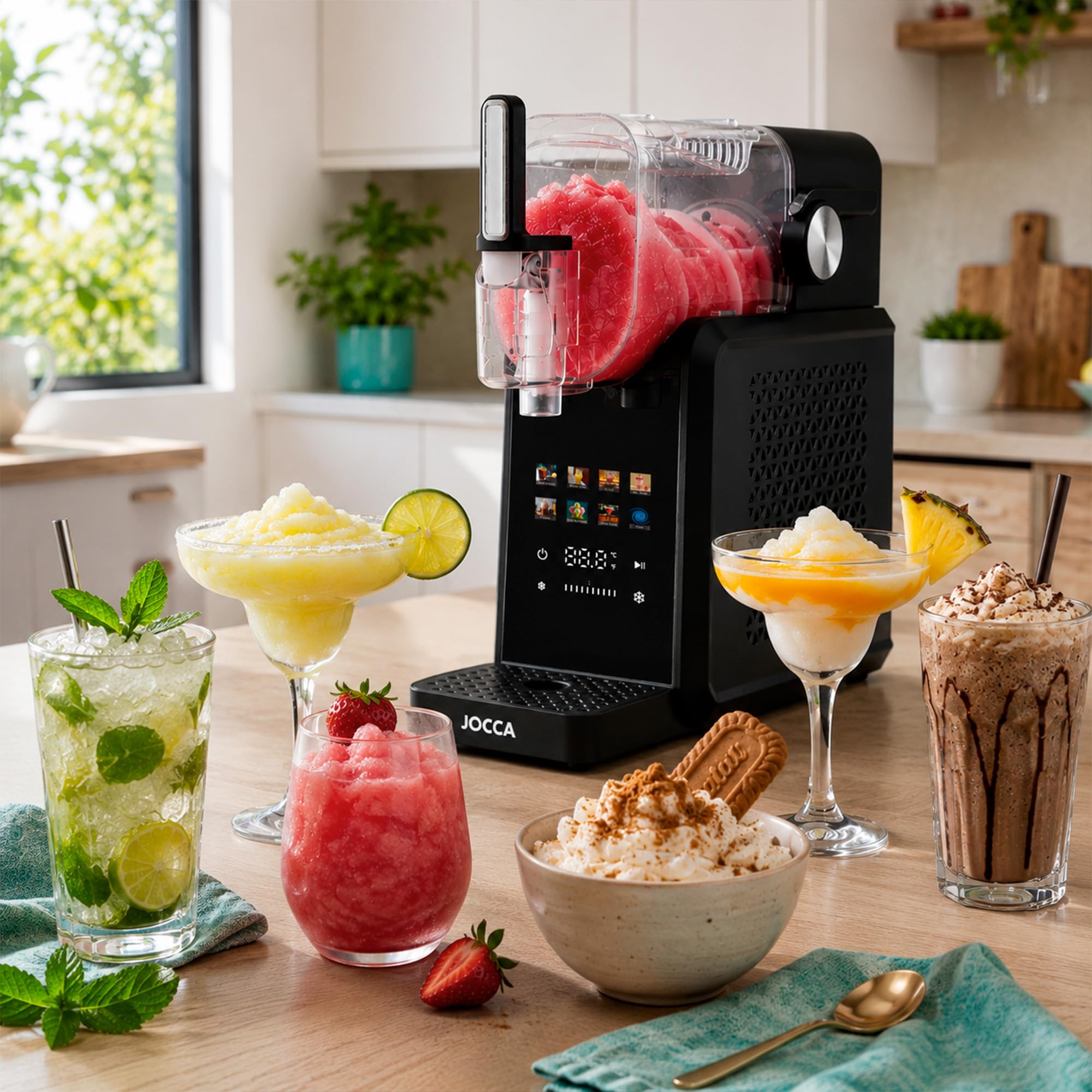 JOCCA - Máquina de Granizados, Helados y Bebidas Frías, 1,8 Litros, 7 Programas, Prepara Bebidas Frias en 15-60 minutos, Control de Temperatura, Pantalla Táctil, 200W