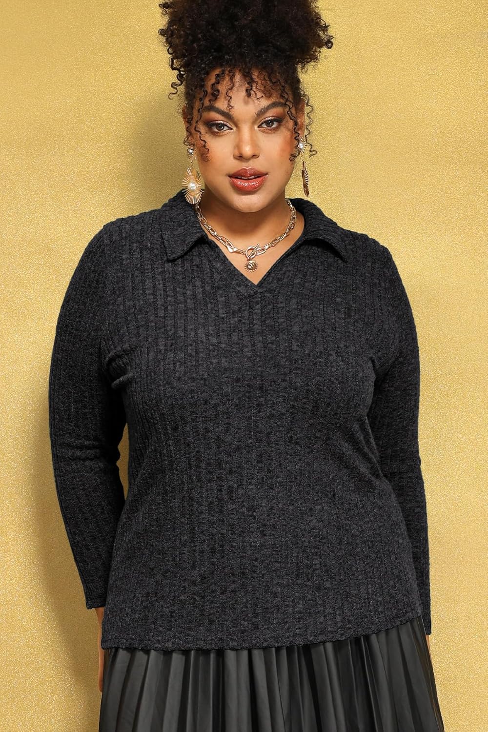 RITERA Plus Size Sweaters for Women Knitted Long Sleeve Tops Fall Winter V Neck Collared Shirts XL-5XL - Image 3