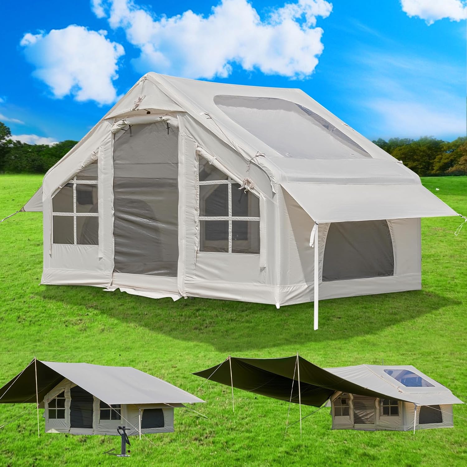 Inflatable Tent for Camping 4-6 Person Easy Set Up Blow Up Glamping Tent Air House Waterproof with16.4 * 14.4ft Large Tarp