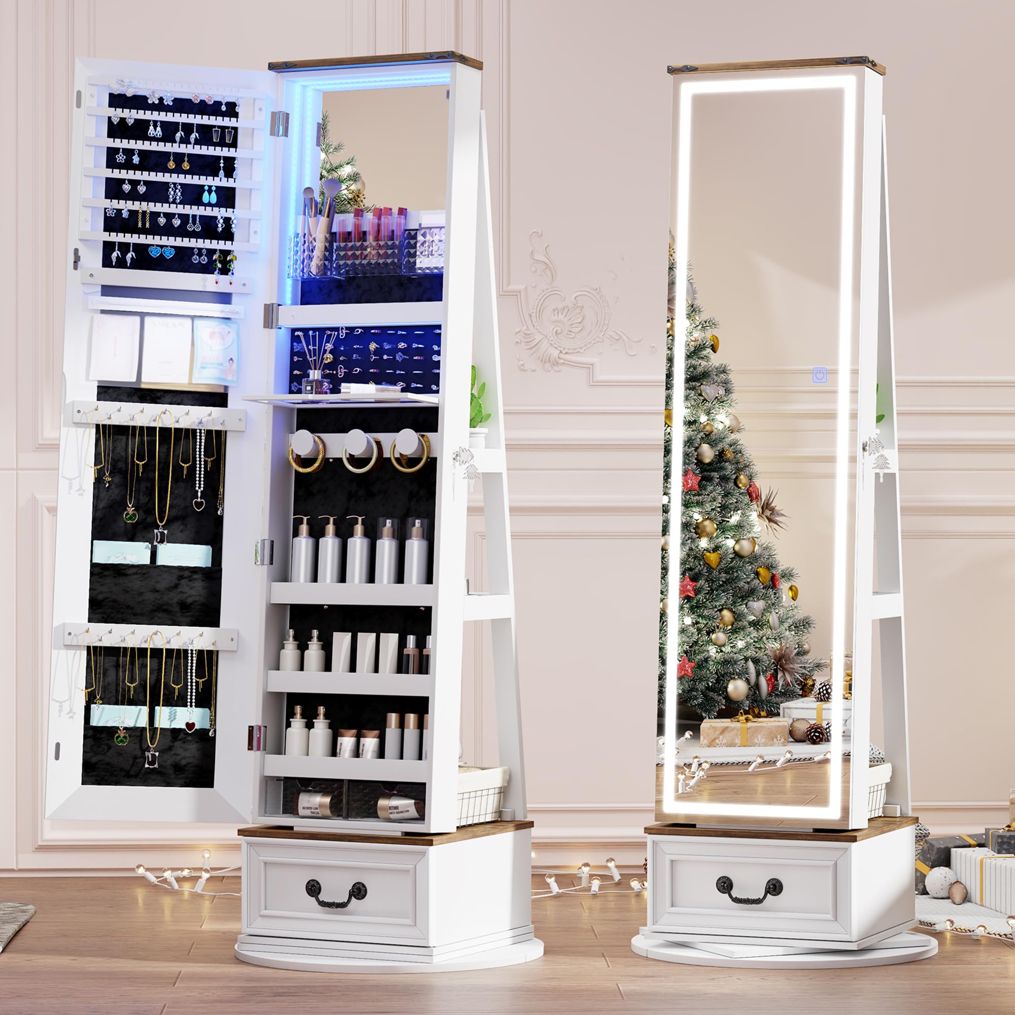 LVSOMT LED Mirror Jewelry Cabinet Standing, 360°Swivel Jewelry Armoire with Full Length Mirror, Mirror with Jewelry Storage and Large Wooden Drawer for Christmas Gifts (): Farmhouse White