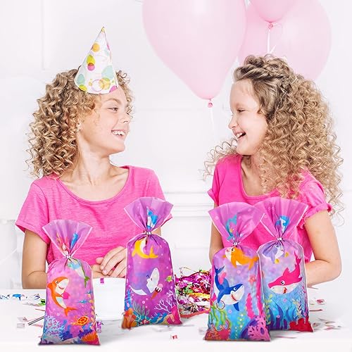 Miniatura 6 de Hotop 100 bolsas de celofán de tiburón rosa bebé, bolsas de regalo de tiburón rosa, bolsas de plástico para golosinas con 150 corbatas, tiburón,