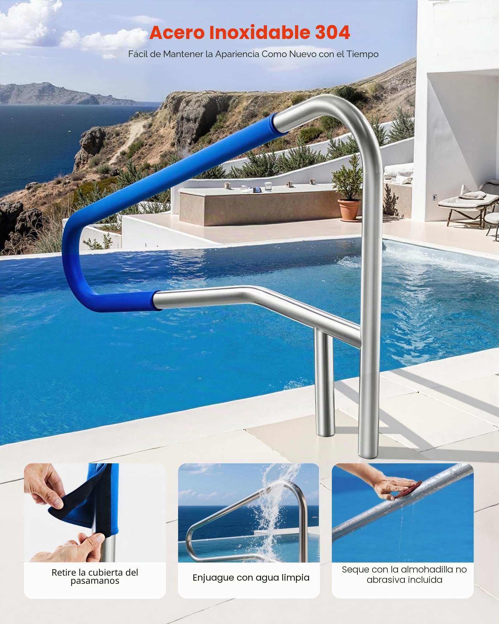 VEVOR Barandilla para Piscina, Capacidad de Carga 100 kg, Acero Inoxidable 304, Funda Antideslizante Extraíble, Montaje Empotrado o en Suelo, para Piscinas y Parques Acuáticos, 1371 x 48 x 813 mm