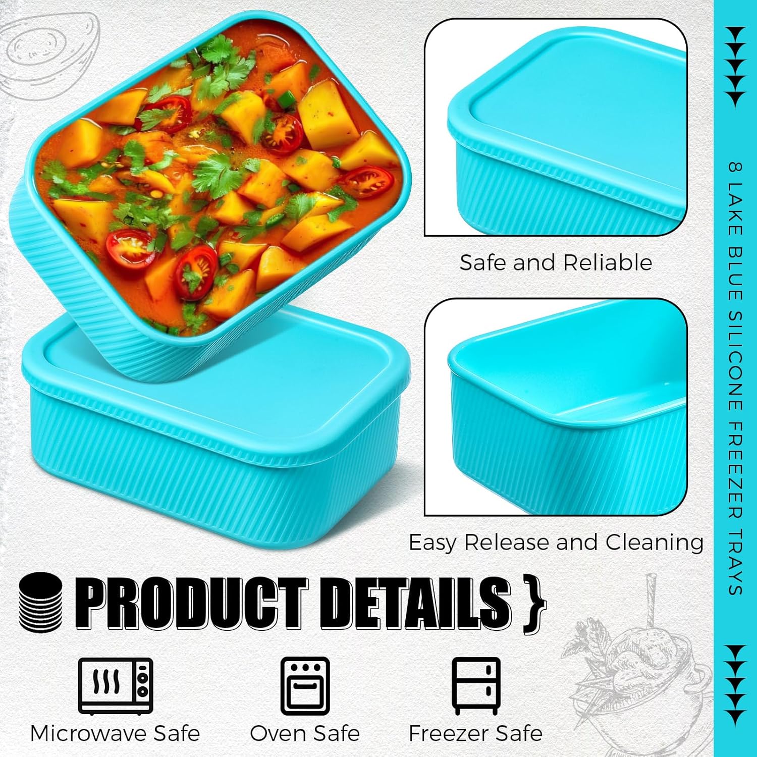 Nuogo 8 Pcs 6 Cup Silicone Freezer Trays with Lid Soup Containers Reusable Freezer Silicone Molds Rectangle Containers Ice Trays for Sauces Stews Curries, Lake Blue