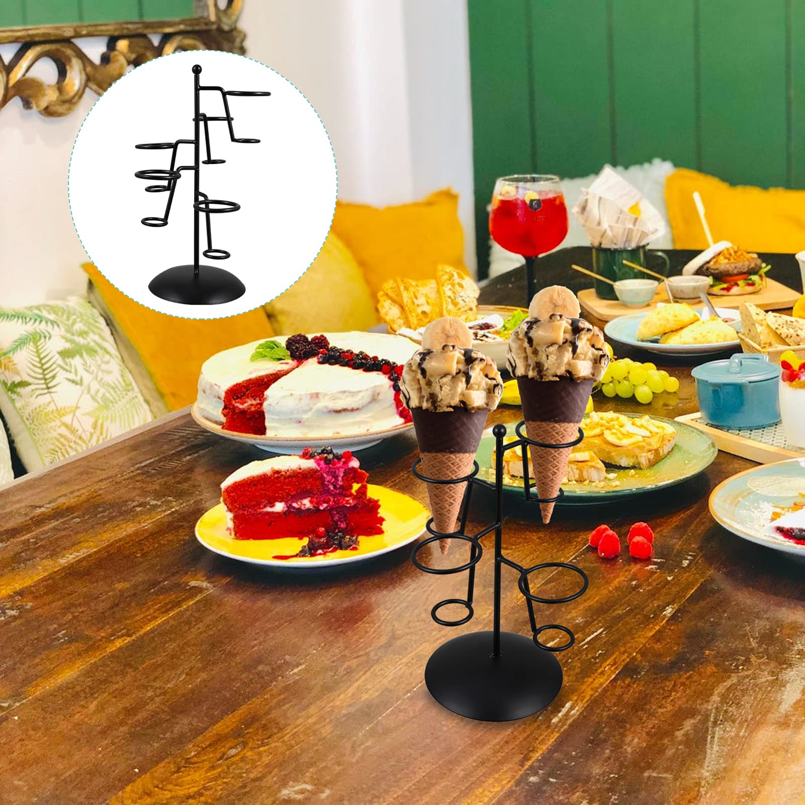 Hemoton Ice Cream Cone Holder, 2pcs Iron 5 Holes Cupcake Display Stand Party Snow Cones Display Rack for Sushi Hand Rolls Popcorn French Fries Cupcakes Black