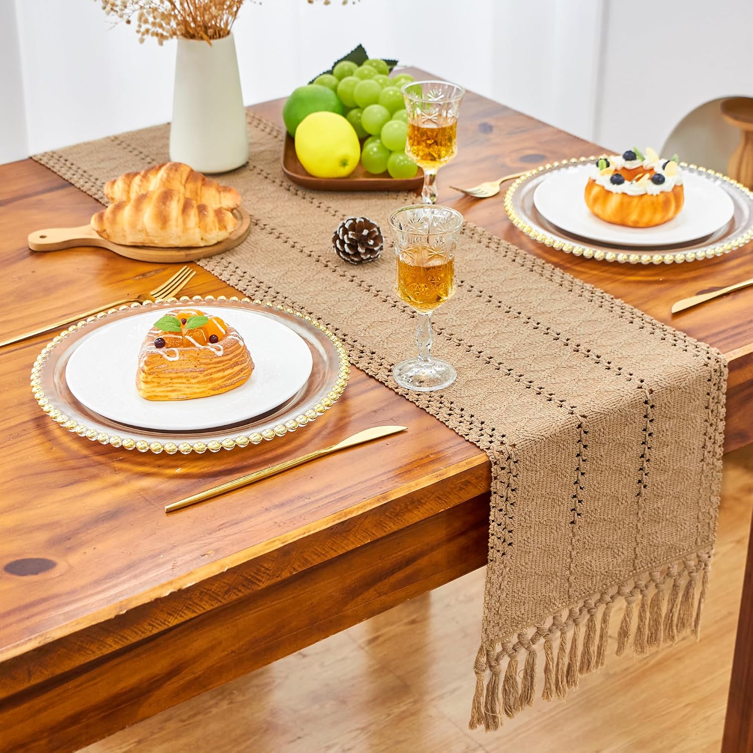 FEXIA Burlap Boho Table Runner Summer Brown Coffee Table Decor with Tassels 72 Inches Long for Farmhouse Home Decor Modern for Bohemian Kitchen Dining Bedroom Living Room Decor Rustic Style (12"x72")