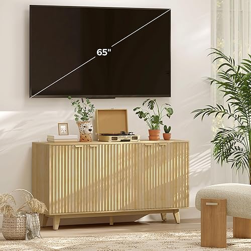 Miniatura 7 de HOMCOM Aparador de buffet con almacenamiento, mesa de buffet moderna acanalada de 55 pulgadas, gabinete de consola de barra de café con 2 estantes