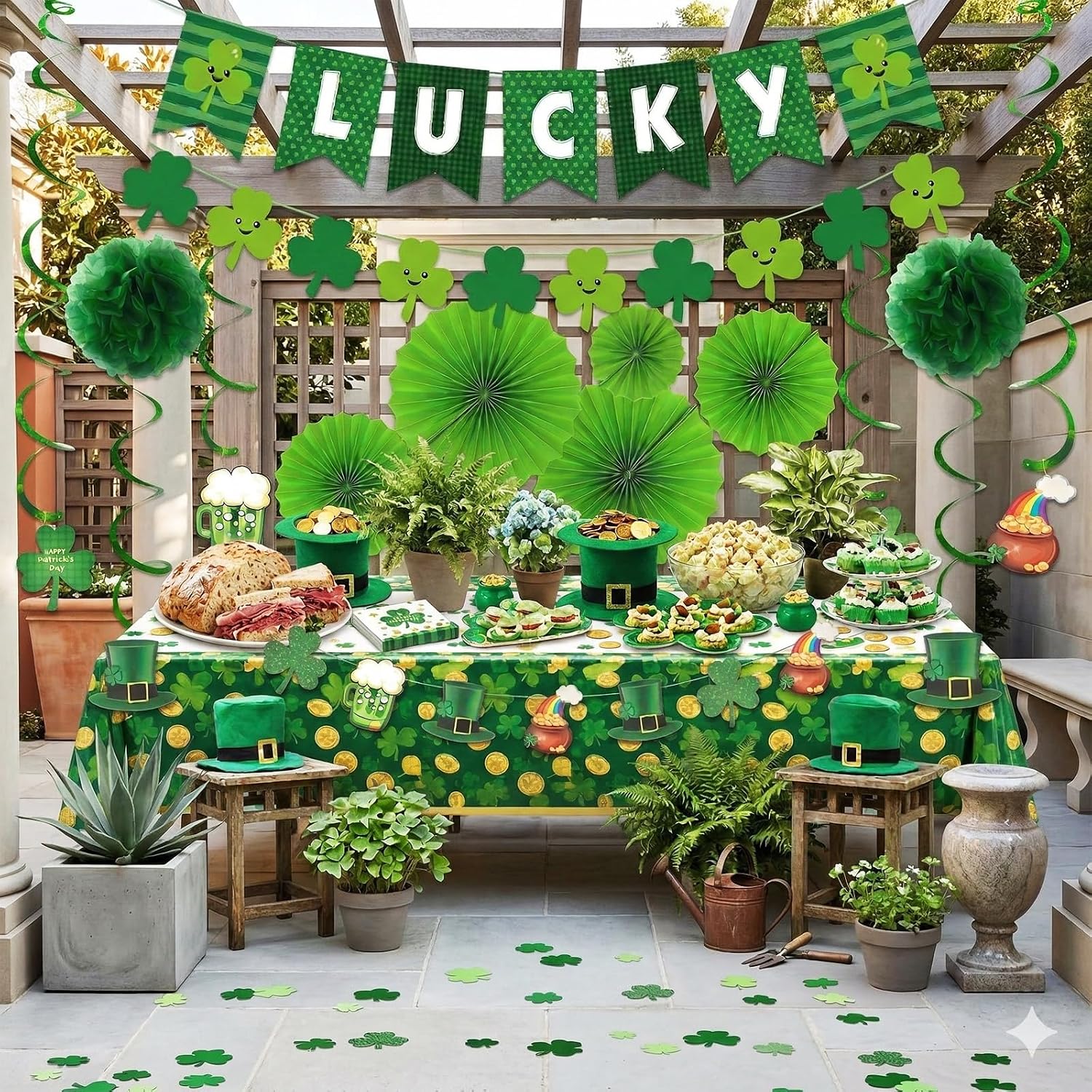 St. Patrick's Day Decorations 24Pc Complete Party Supplies Set - LUCKY & Shamrock Banner, Green Hanging Paper Fans, Pom Poms Flowers, Clover Hanging Swirls - Irish Decor for Home, Mantel, Classroom