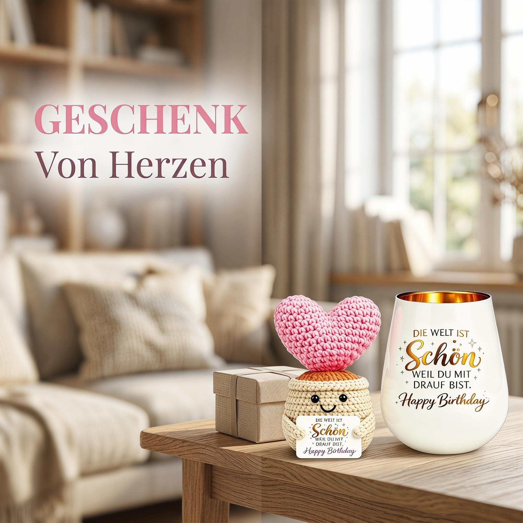 Geburtstagsgeschenk für Frauen, Windlicht mit Gravur und Gehäkelte Liebespuppe, Happy Birthday, Geschenk zum Geburtstag für Freundin, Mama, Oma, Schwester