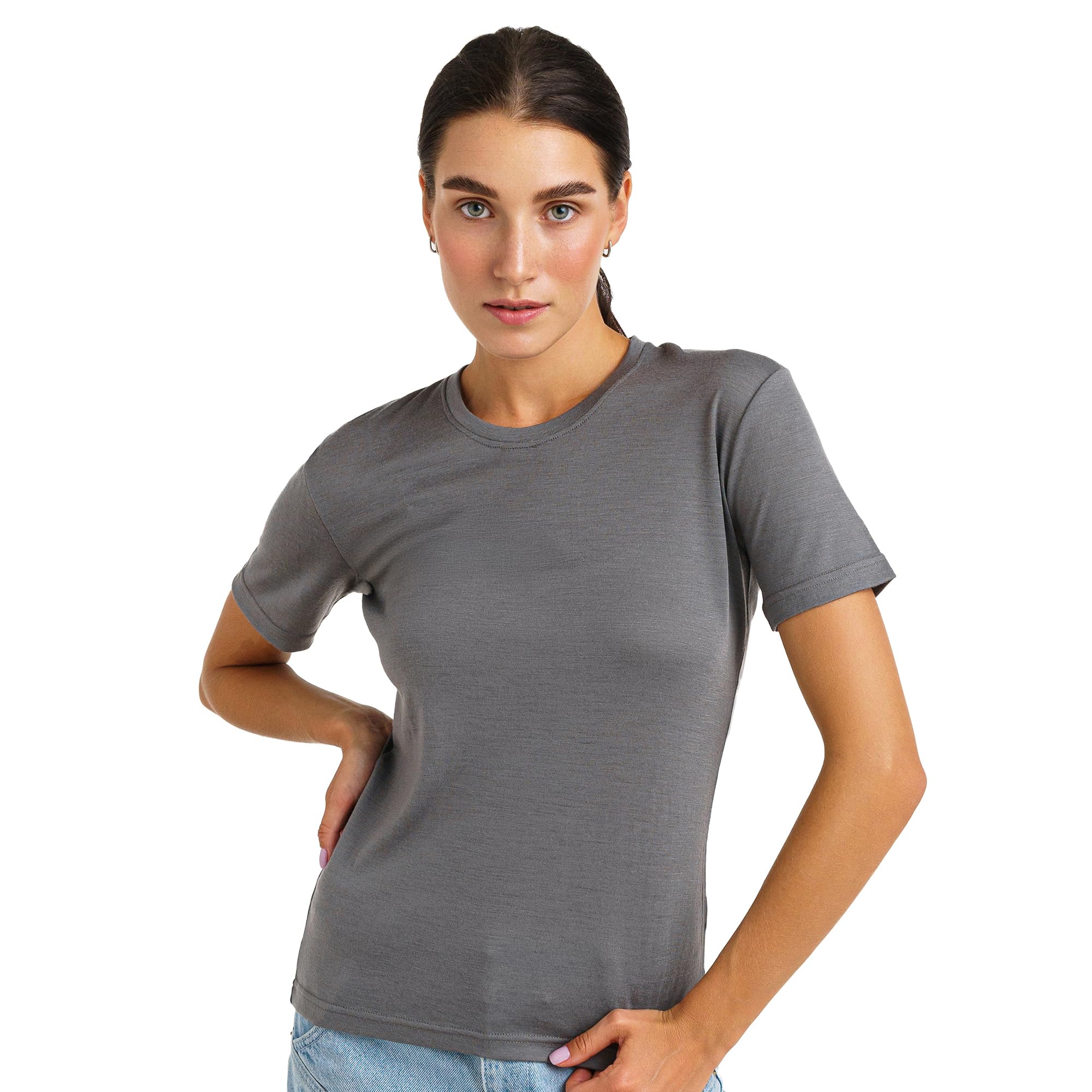 Merino.tech 100% Merino Shirt Damen Wandern - Merinowolle Tshirt Kurzarm - Sport Thermo Unterhemd - Natürlich Weich Unterwäsche (Medium, Perfect Gray Crewneck)