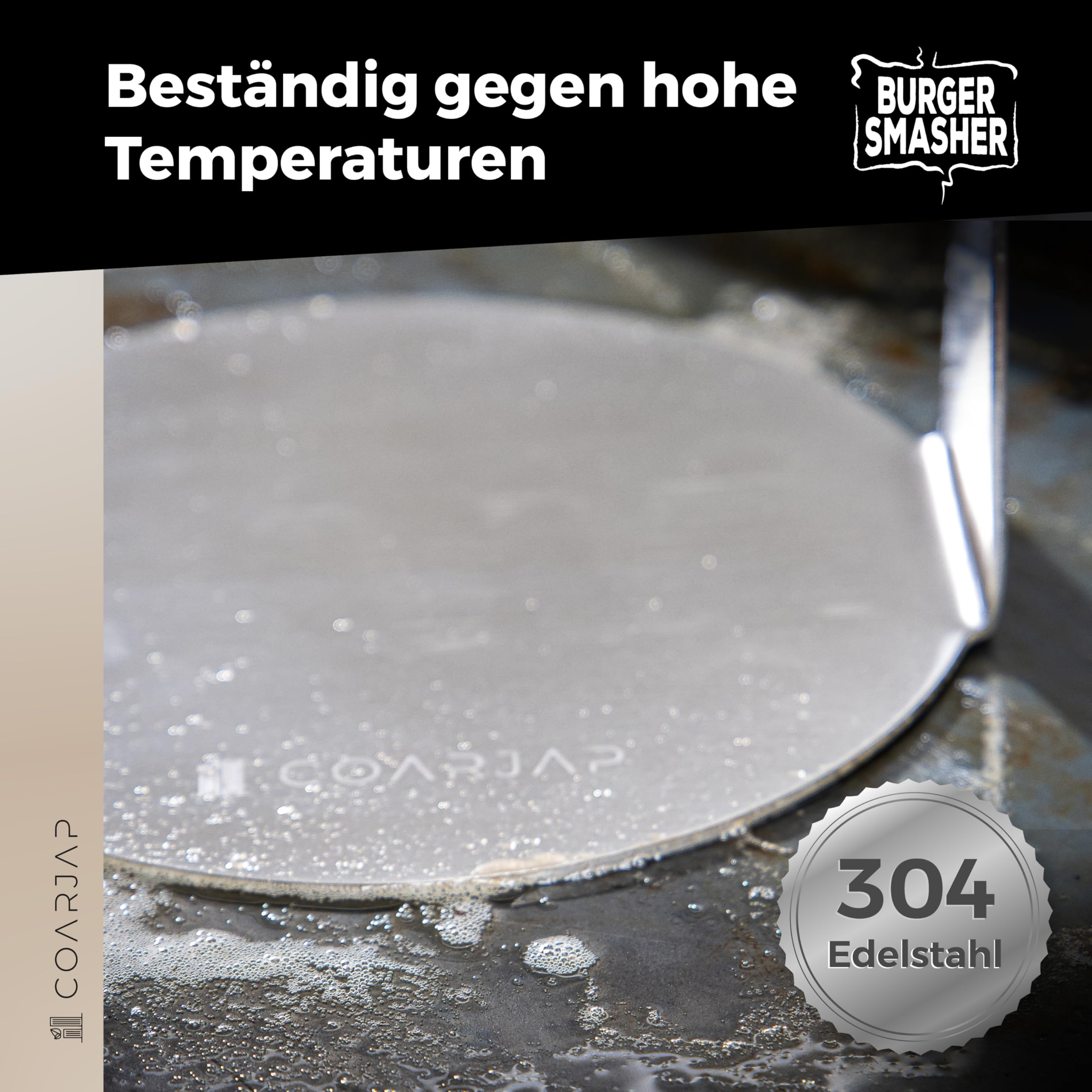 Burgerpresse Smash Burger - Burger Smasher Hamburgerpresse Edelstahl 304 – Smashed Burger Presse aus einem Stück – Inkl. 60 Burgerpapier & QR-Test lebensmittelecht – Spülmaschinenfest