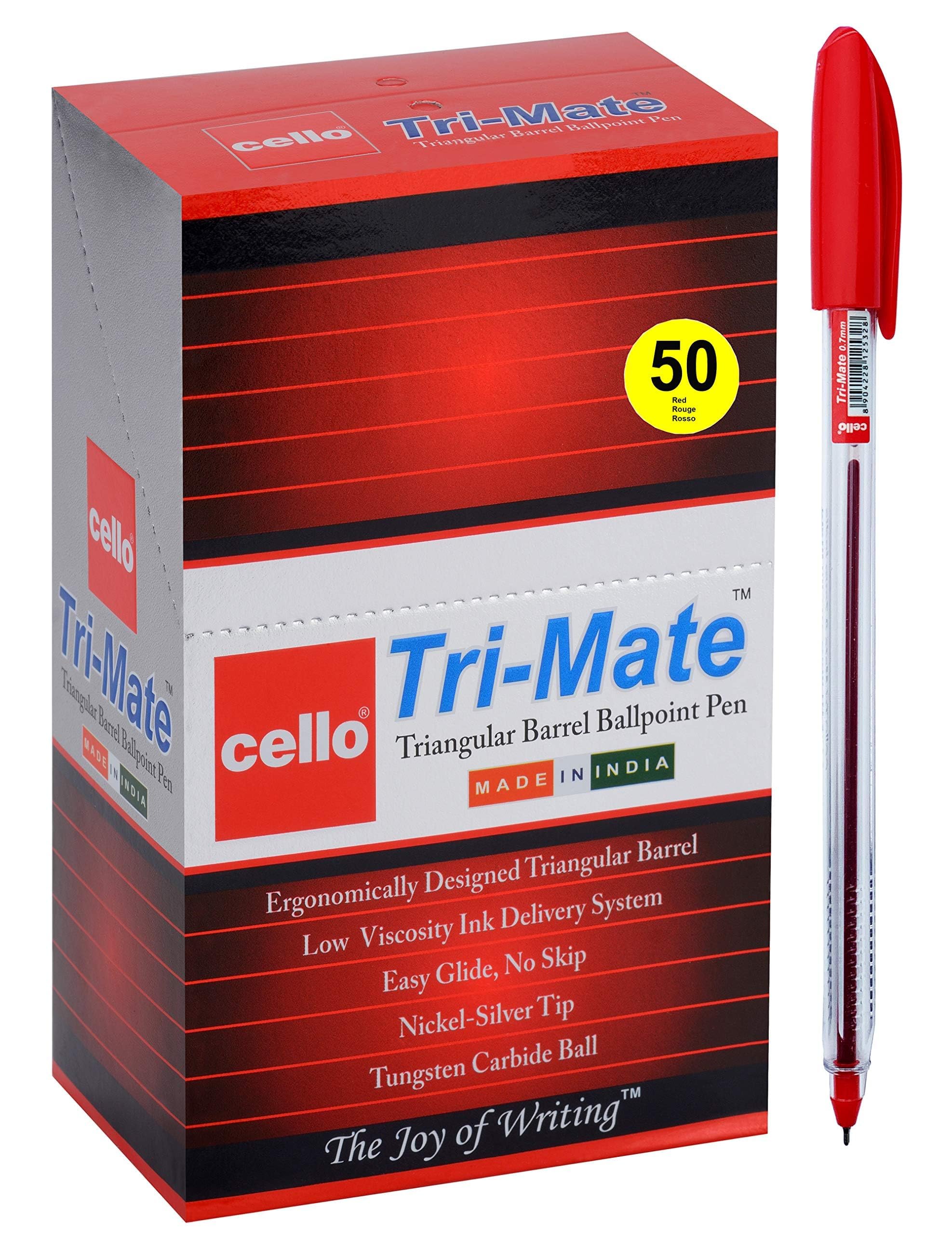 Cello Original Tri-Mate Triangular Barrel Ballpoint Pen Medium Point Biro (1.0mm) (Red, Pack of 50)