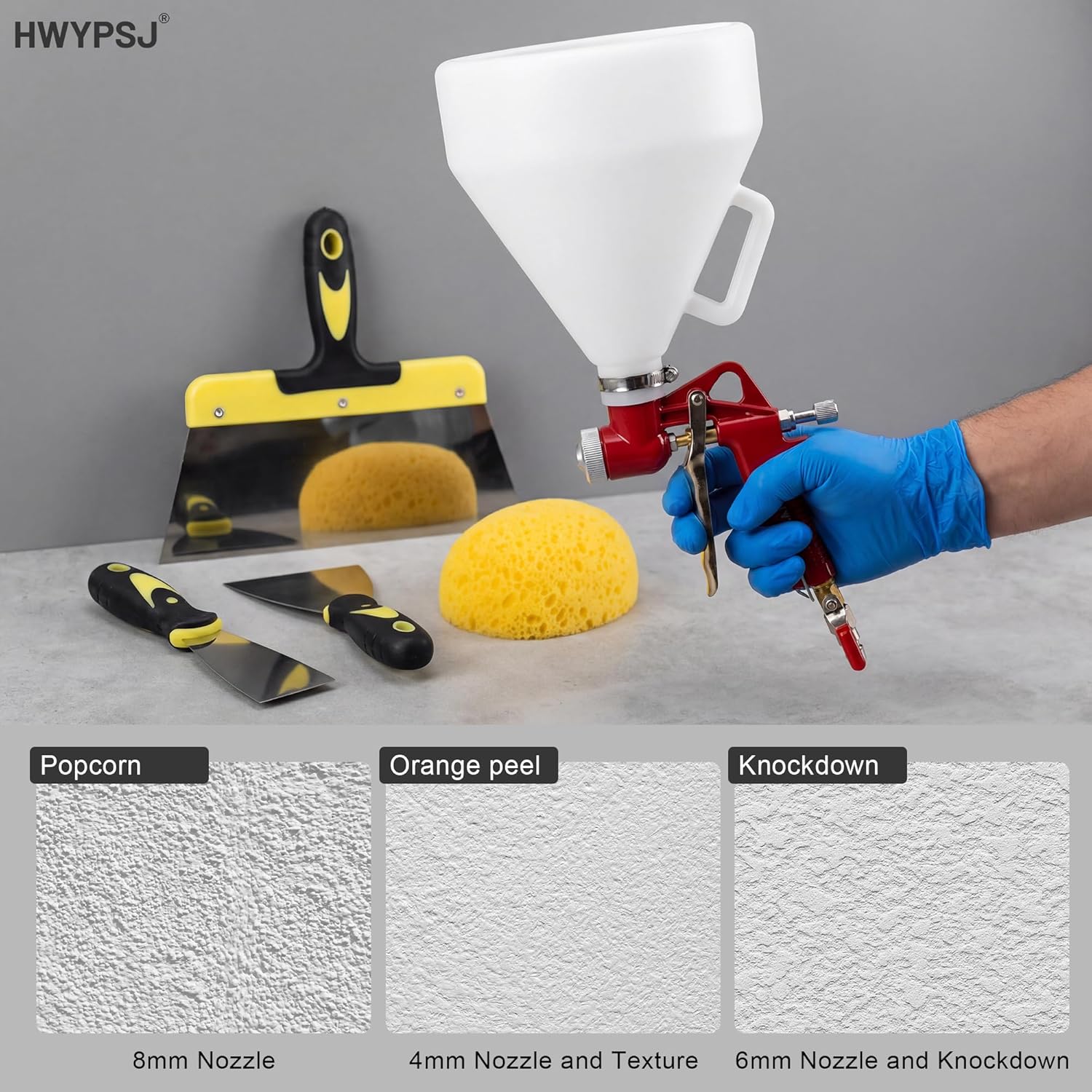 Drywall Texture Spray Gun Kit - 1.45 Gal Hopper, 3 Nozzles (4.0/6.0/8.0mm) & Elbow Hose for Popcorn,Knockdown, Orange Peel Texture on Walls & Ceiling, Includes Knockdown Knife & Sponge for Pro Finish