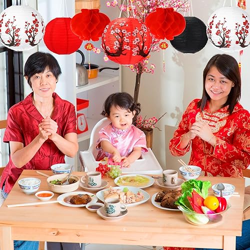 Miniatura 6 de Tuanse 30 linternas LED chinas japonesas decorativas, incluye faroles de papel de flores de cerezo, linternas chinas rojas y luces LED para festival