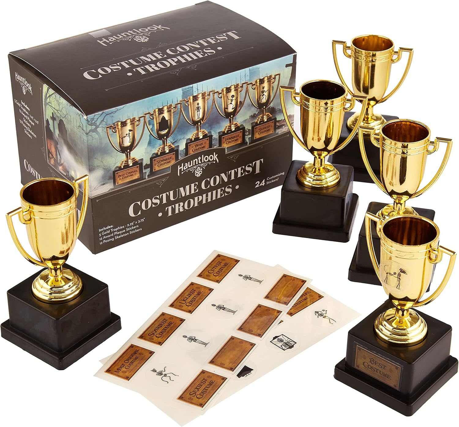 Halloween Costume Contest Trophies, 5-Pack – Customizable Party Awards with 24 Stickers with Categories & Poses - Fun Awards for Home, Work, School & Bar Costume Parties Supplies, Games & Decorations