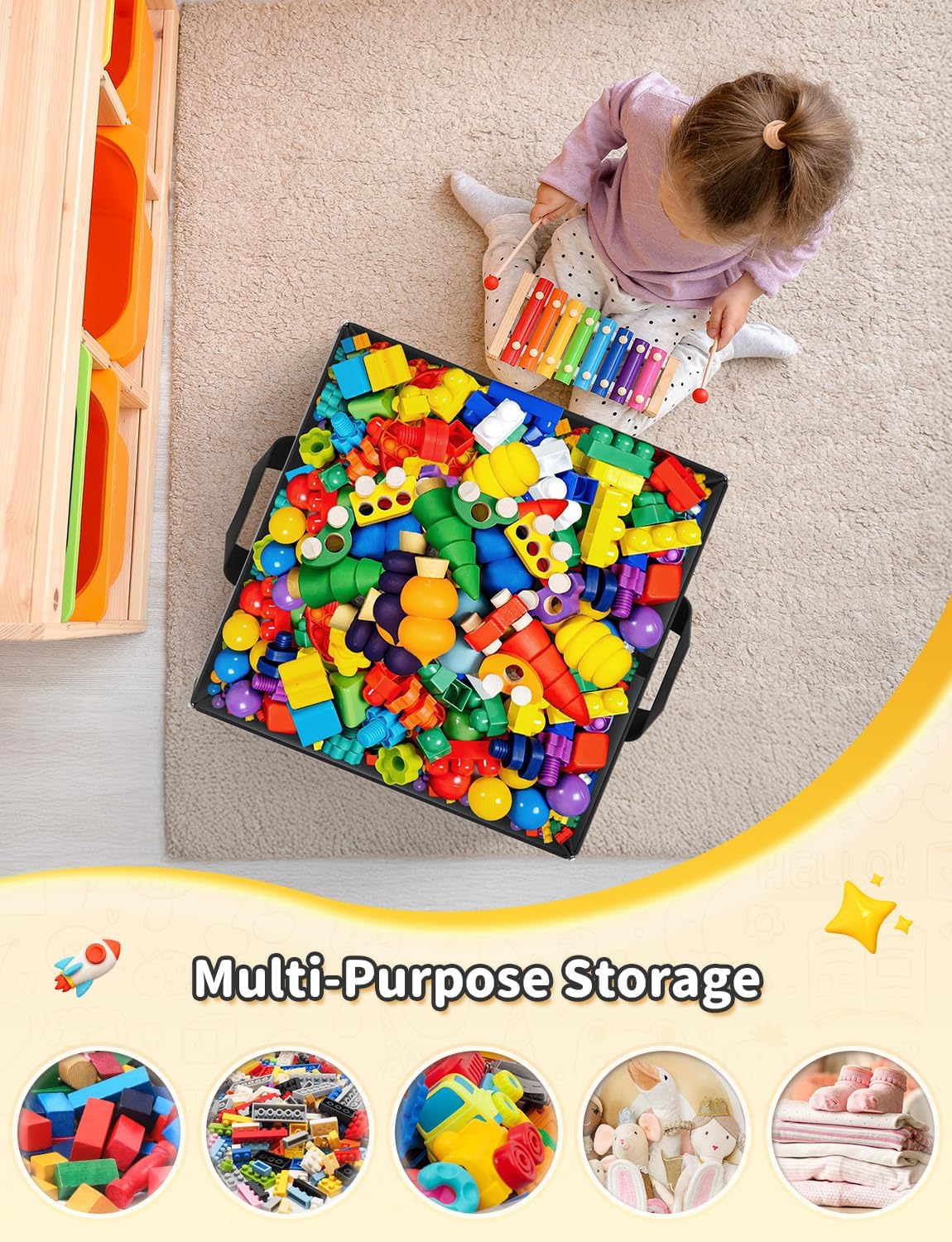 YOHOOLYO 2 In 1 Toy Storage Play Mat, Storage Box for Kids Children Space Adventures Design,Nursery, Playroom, Basket for Building Bricks Blocks Collapsible Cube Bin, 18.7" x 18.7" x 18.7"