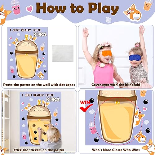 Miniatura 4 de B1ykin Boba Tea Pin The Tail Games, Pin The Bubble on The Milk Tea Sticker Game con 54 calcomanías Boba, póster con los ojos vendados, decoración de