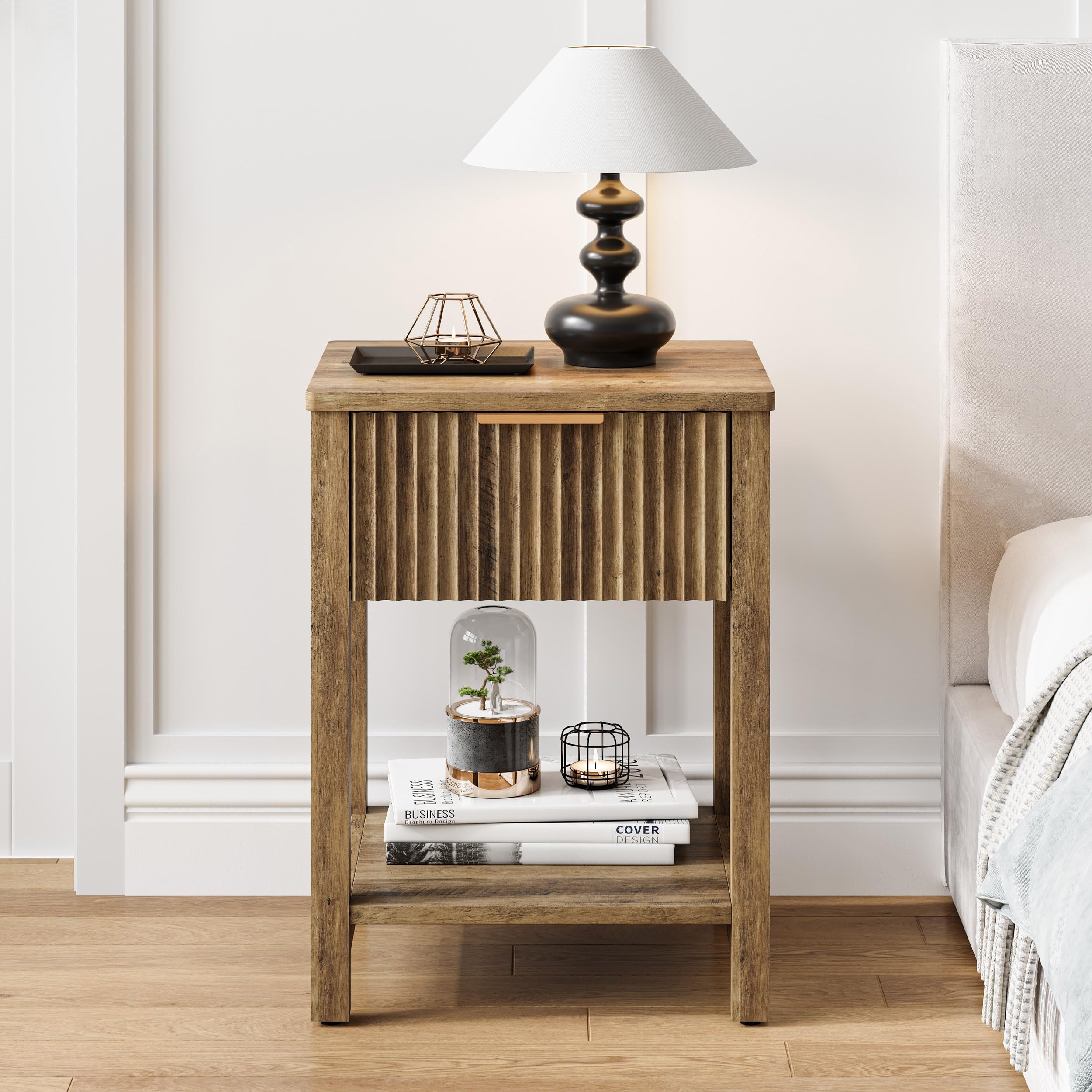 Fluted Nightstands Set of 2 Farmhouse Wood End Table with Drawer Modern Beside Table with Open Storage Shelf