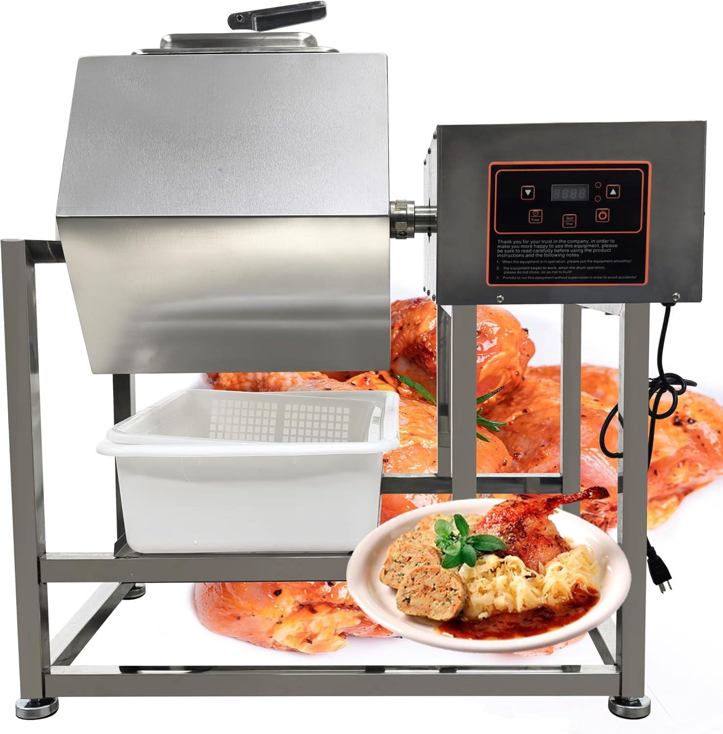 Meat Vegetable Tumbler Marinator 70L Rotatable Marinating Machine Fast Marination Process 110V Meat Pickle Machine 360° Bidirectional Rotation with Timer For Chicken Steak Burger Shop