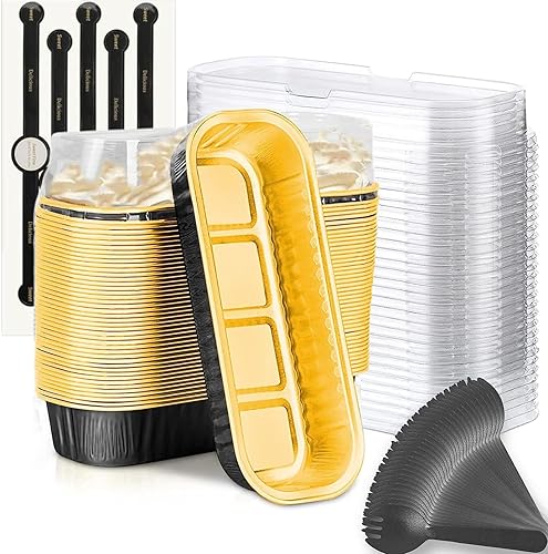 Mini Moldes para Hornear Pan con Tapas y Cucharas (Paquete de 50, 6.8oz) Moldes Rectangulares de Papel de Aluminio para Hornear Recipientes Bandejas