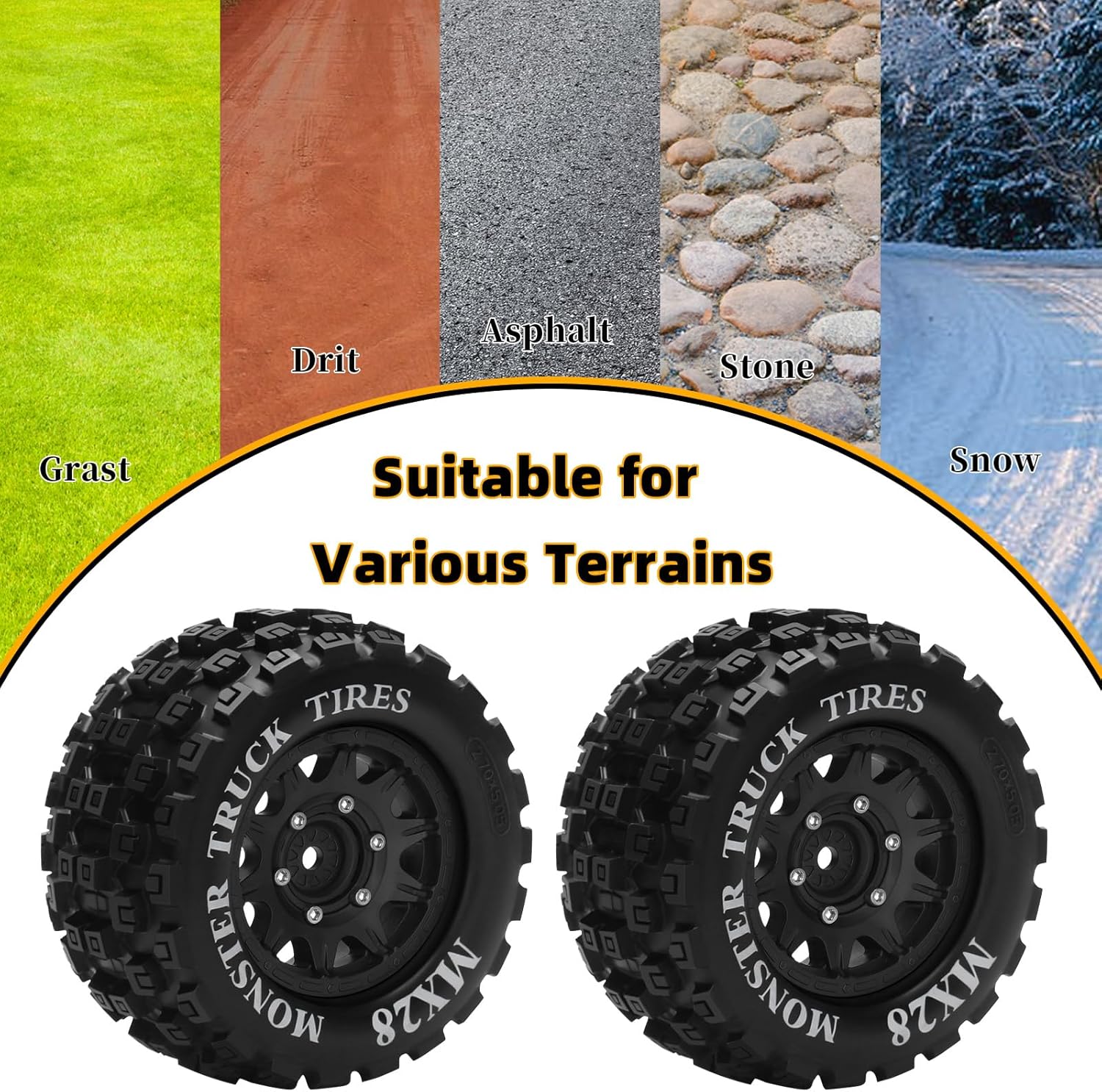 MX28 F/R 2.8" RC Tires with 12mm/14mm Hex Adapter RC Wheels and Tires Set 1/10 Scale RC Truck Tires for Stampede Arrma Big Rock Granite VORTEKS 3S Traxxas Rustler 4PCS (Style C) - Black