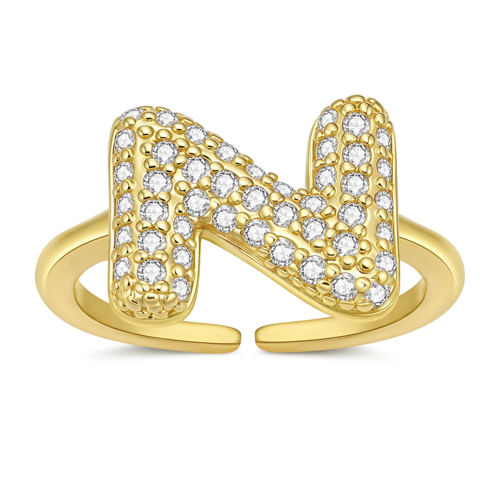 Anten Pink Gold Bubble Letter Ring for Women, 14K Gold Plated Thin Band Initials Rings - Dainty letters Stacking Rings with CZ, Adjustable Pinky