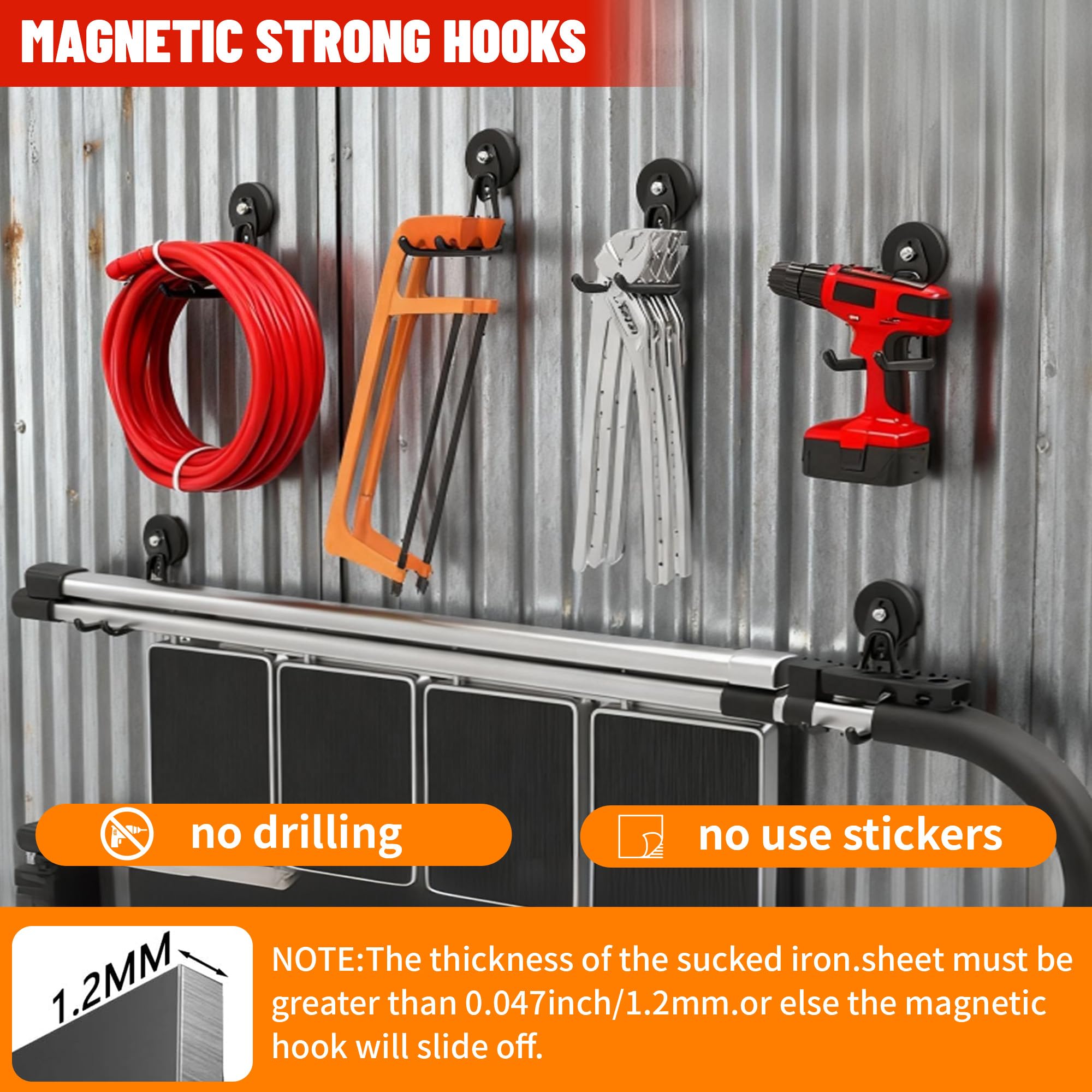 4 Pack Heavy Duty Magnetic Garage Hooks,No Drill Installation and Rubber Coating for Scratch-Free Use,Space Saving Large Utility Hooks for Kitchen,Tools,Pegboard,Workshop (Red 2pcs+Black 2pcs) — Amazon image 7