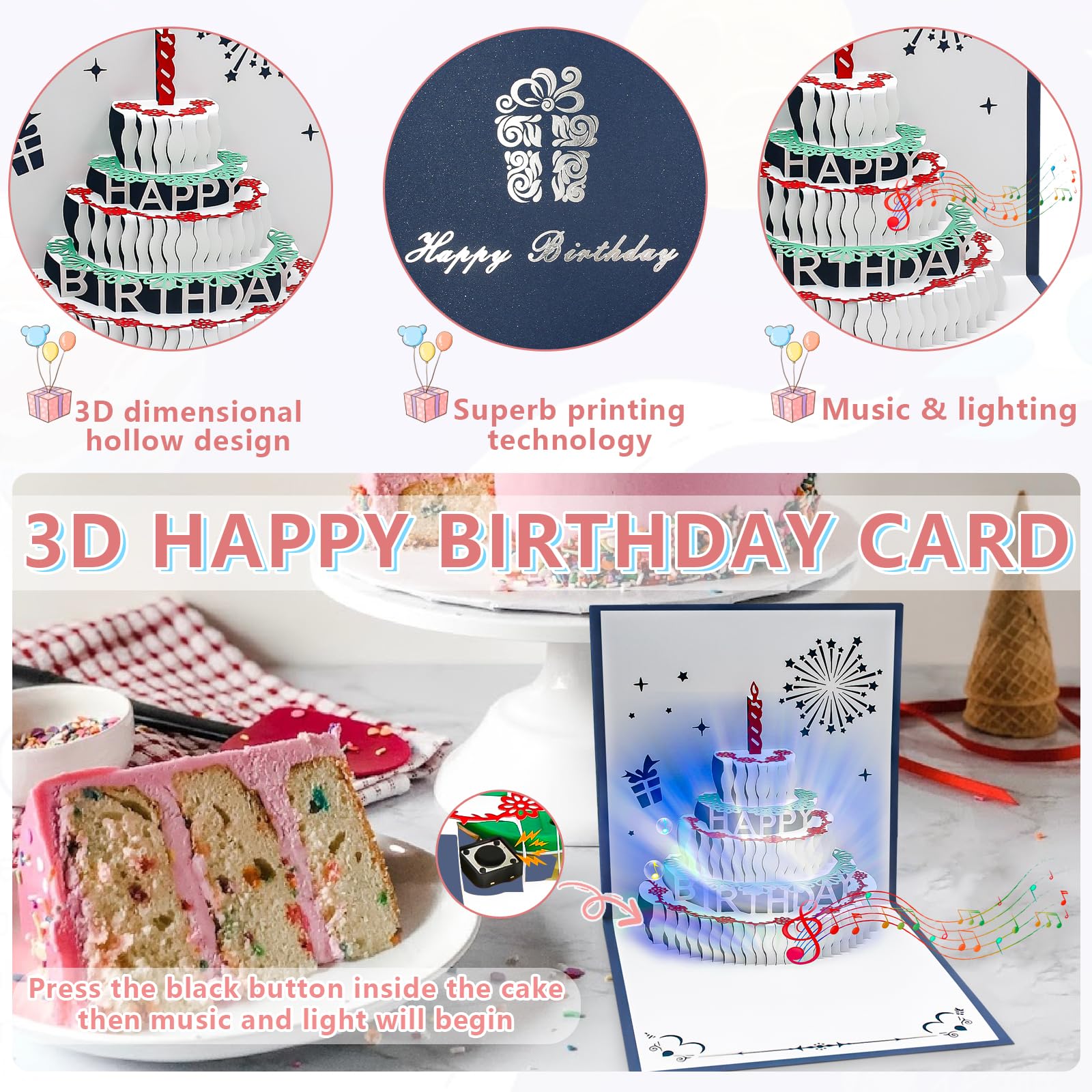 BIGLIETTO DI AUGURI di compleanno musicale con luce e musica, candela