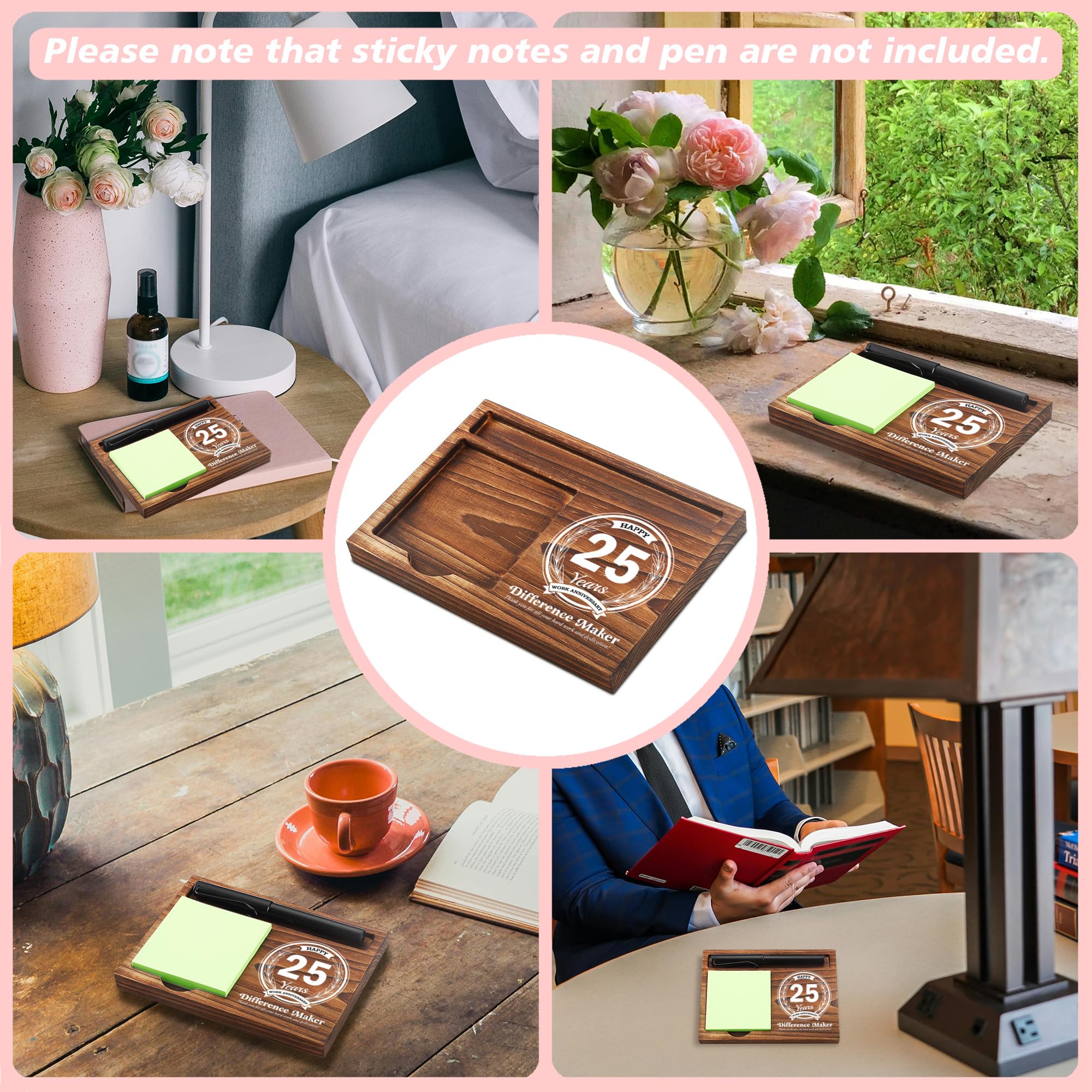 25th Work Anniversary Sticky Note Holder Wooden Notepad & Pen Holder 6.5" x 4.7" Sticky Note Pad Holder Dispenser for Desk Difference Maker Work Appreciation Gifts, NPA231