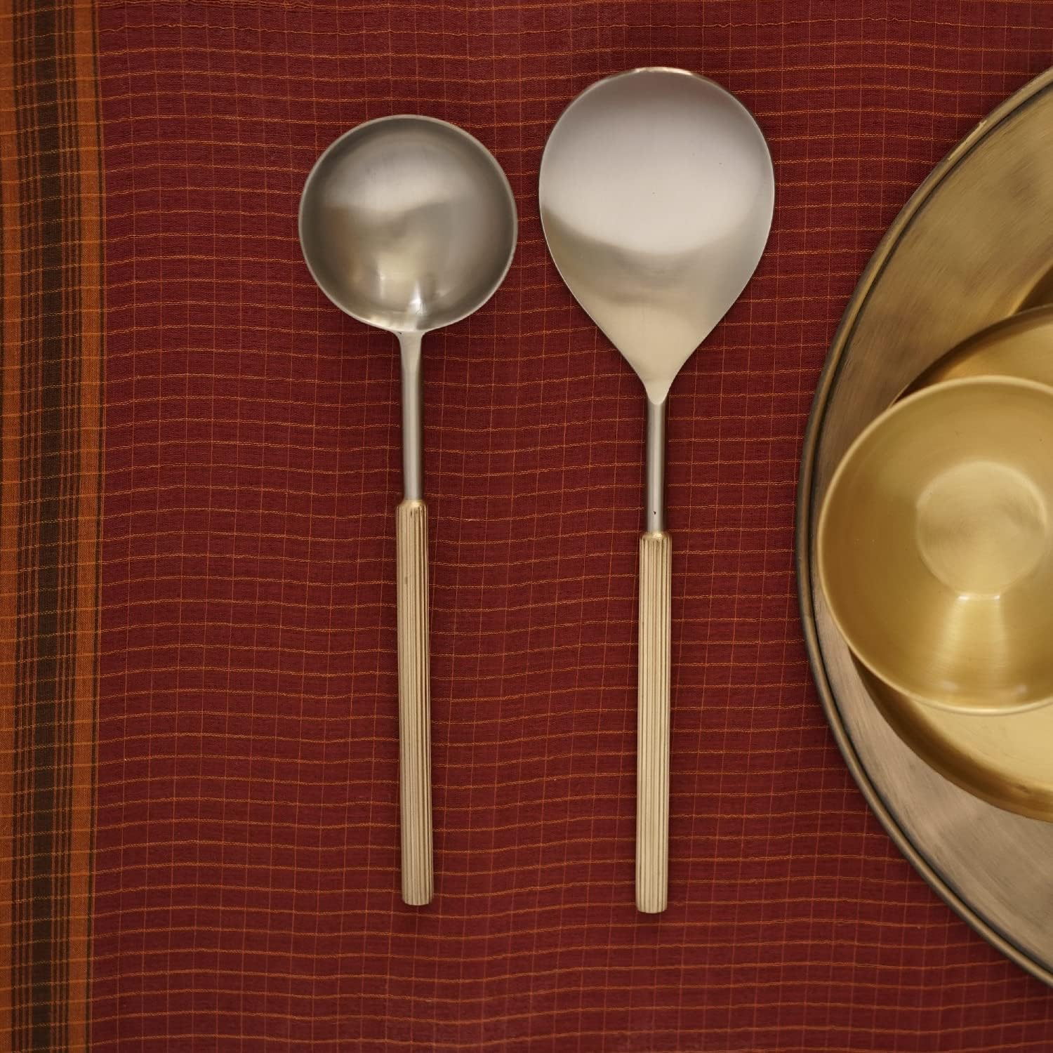 Courtyard Cast Brass | Stainless Steel Dariya Curry & Rice Serving Ladle Set of 2|Gold|Standard|Set of 2