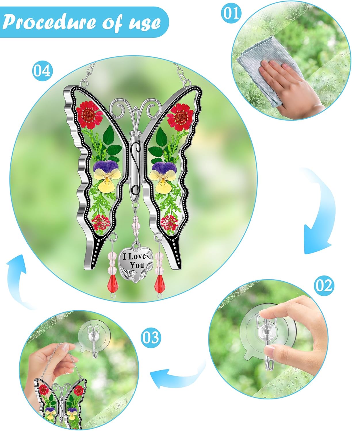 KY&BOSAM Butterfly Suncatcher I Love You Stained Glass Window Hanging Wind Chime Ornament with Pressed Dried Flowers Wings and Metal Heart Charm for Mom Mothers Day Valentines Birthday Christmas