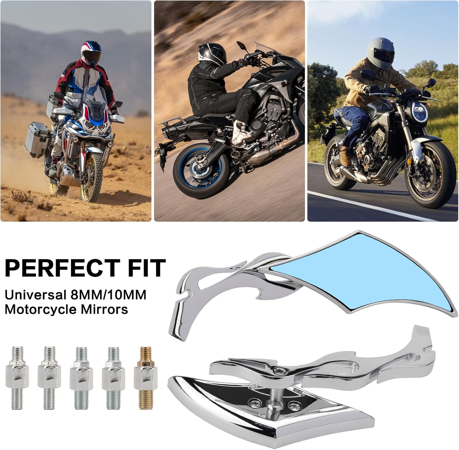 Motorcycle Mirrors Universal Rearview Side Mirrors 8mm 10mm-360 Degree Rotation, Fit for Honda Suzuki Kawasaki Victory Chopper Cruiser Scooter Softail Dyna Sportster Street Bike (Chrome)