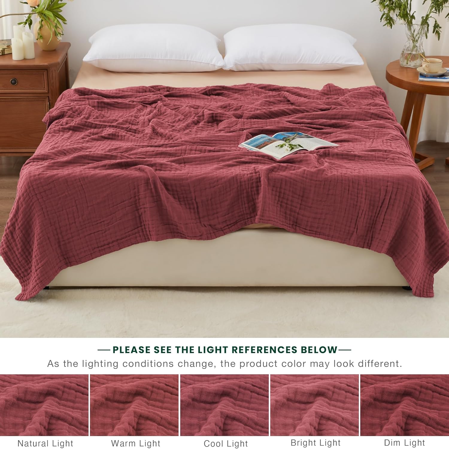 Love's cabin 6 Layer 100% Cotton Muslin Blanket, 90"x90" Muslin Blanket Queen for Couch Bed, Lightweight and Breathable Cotton Gauze for Adult, Wine Red - Image 6